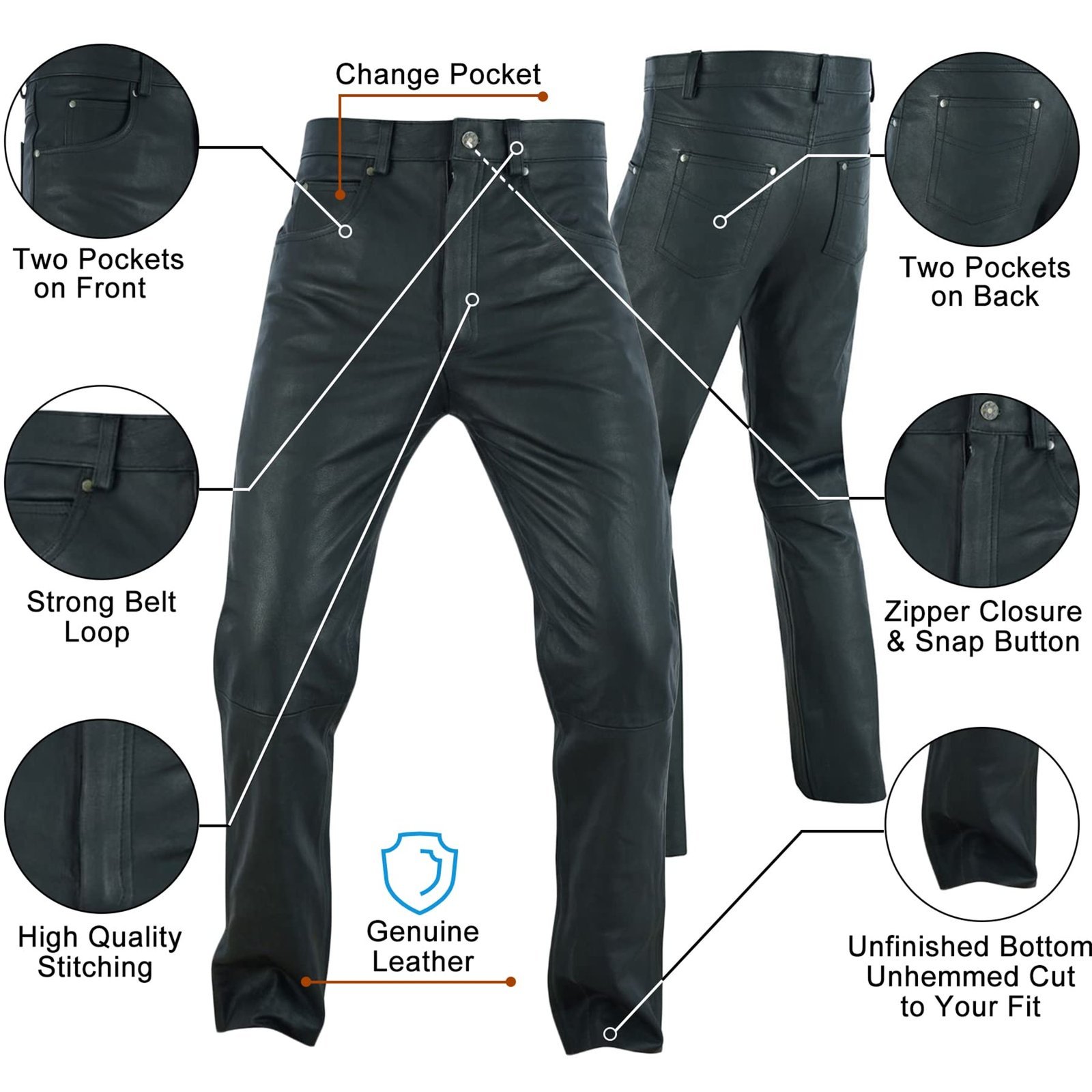 Mens Motorcycle Black Leather Pants Jeans Style Motorcycle Riding Pants for Biker with 5 Pockets, Black