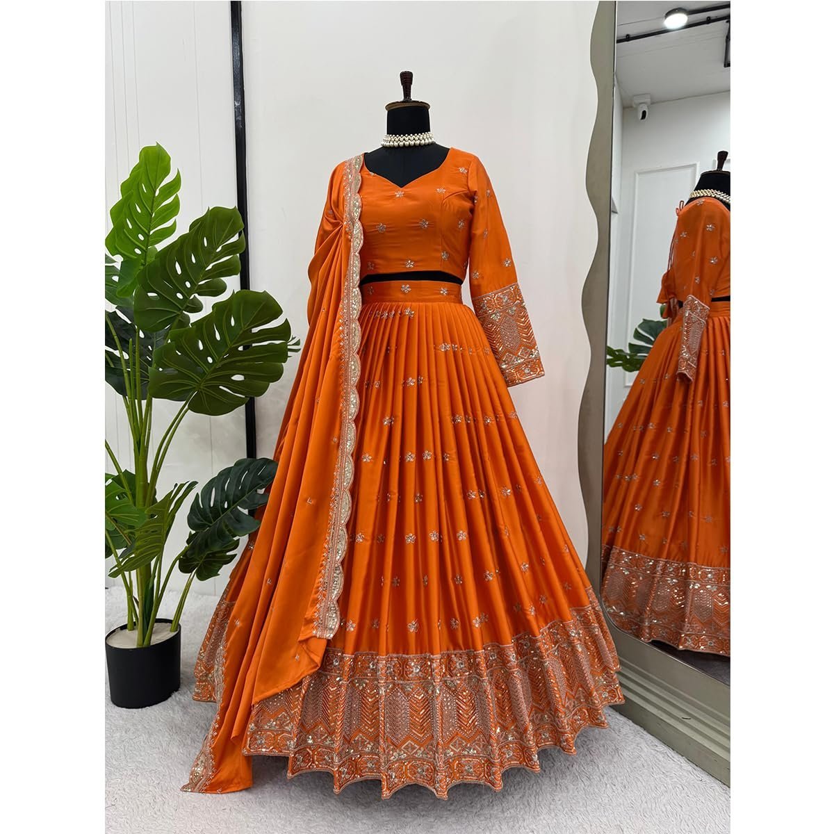 WOMEN’S Crepe Trending Designer Semi-Stitched Lehenga Choli Set for Women | Dupatta & Unstitched Blouse | Wedding Outfit (SF201536 Multicolor free-size)