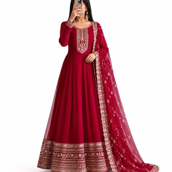 Miss Ethnic Hub's Red Color Traditional Anarkali Gown with Dupatta, Golden Zari Embroidered, Long Sleeves, Women (in, Alpha, Regular, Red)