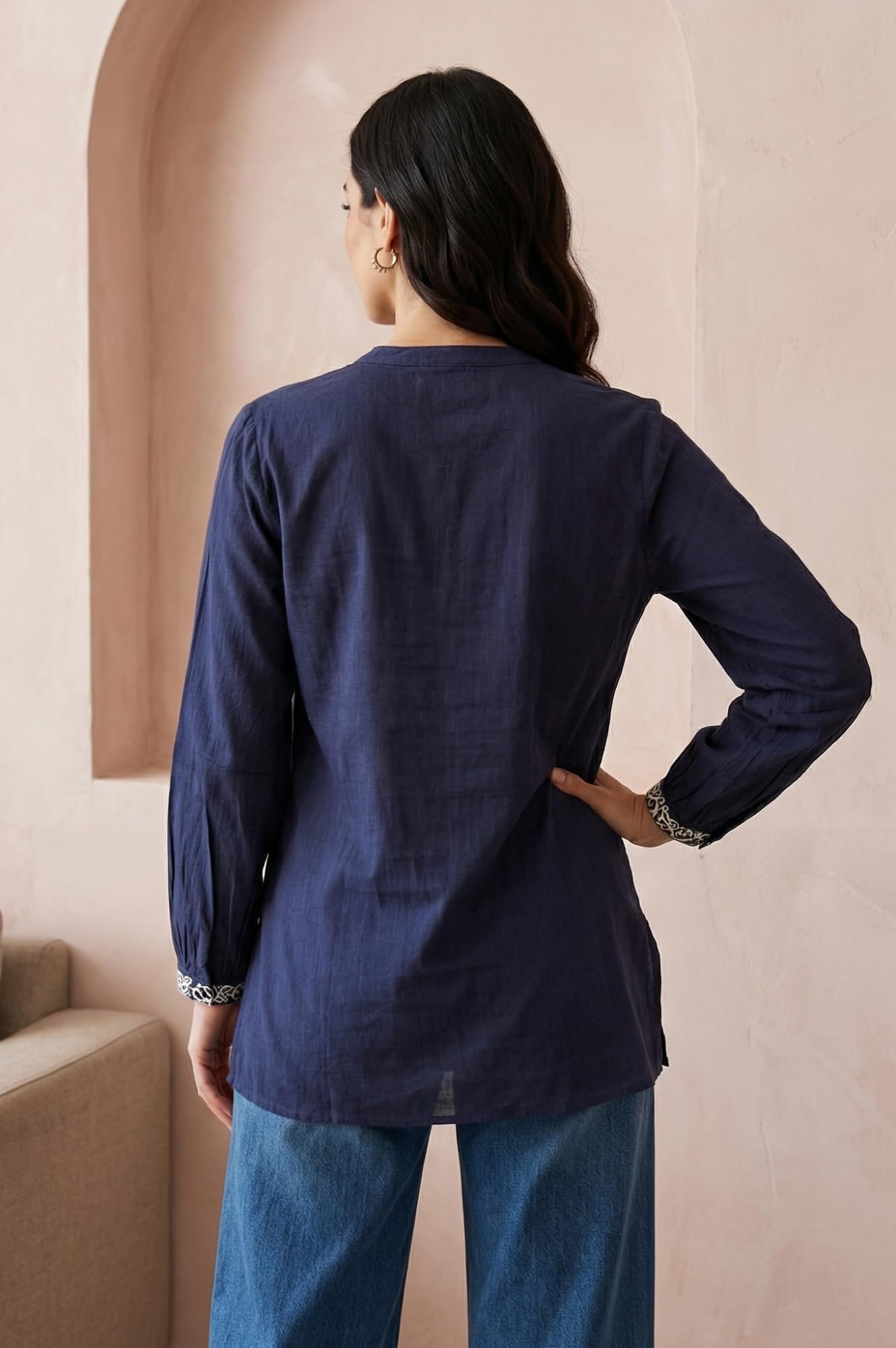 Navy Blue Thread Embroidered Pure Cotton A-line Top - (W31508-224947) - Image 5