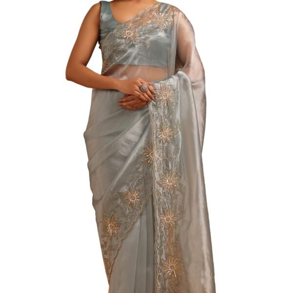 Womens Blue Organza Floral Saree With Cutdana