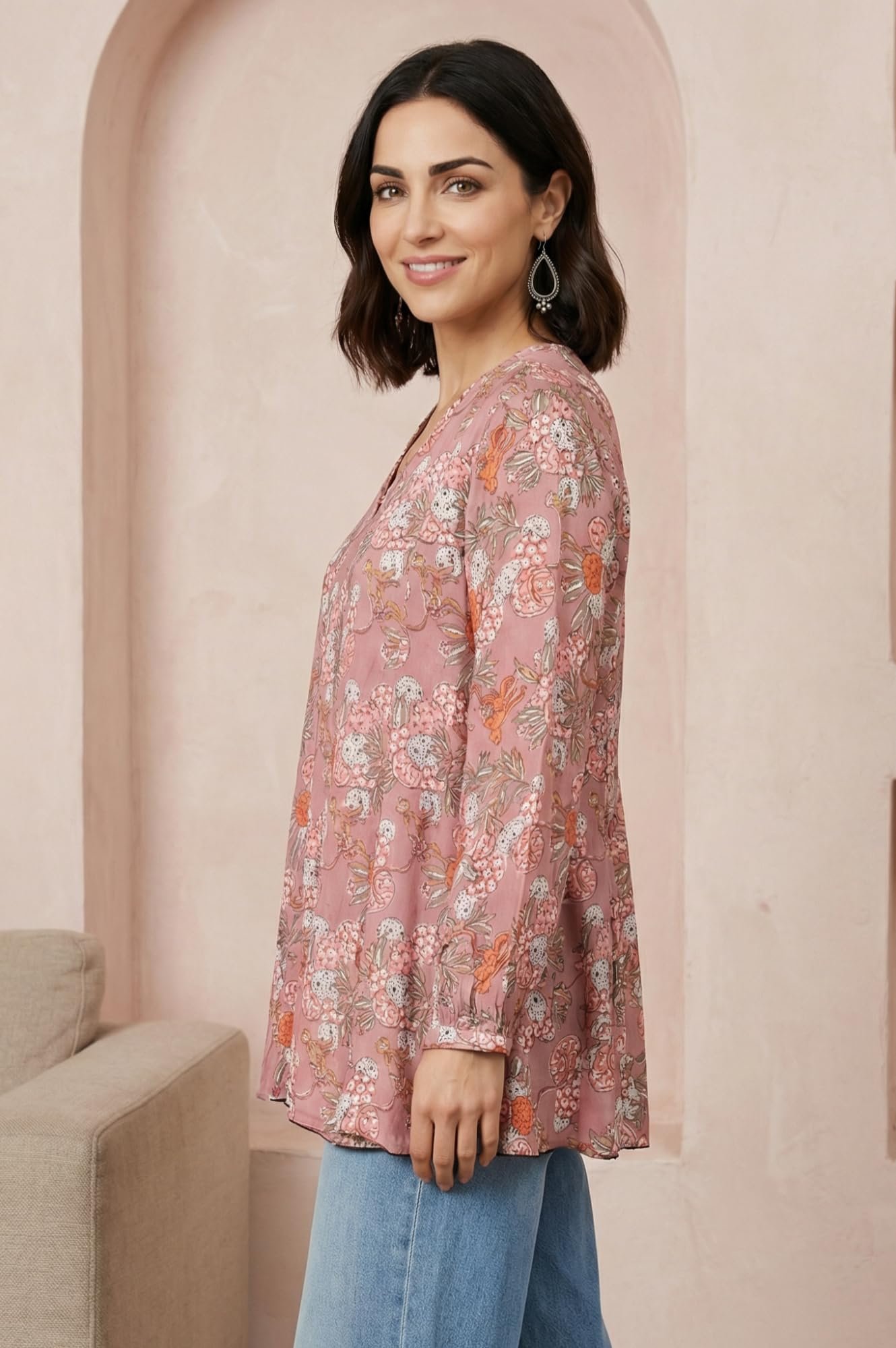 Women's Pink Block Printed A-line Top - (F31401-911872) - Image 4