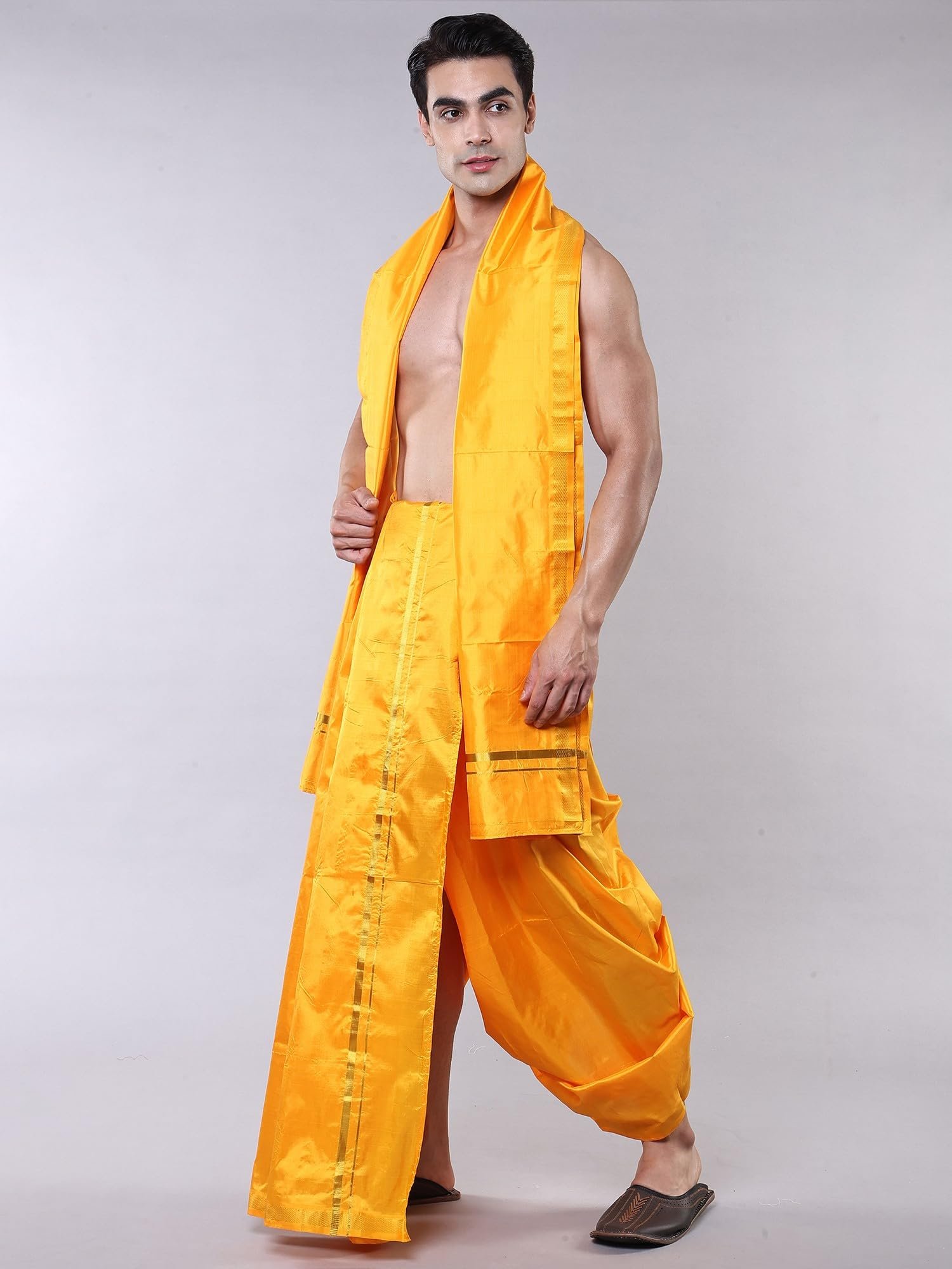 Pure Silk Dhoti Angavastram Set with Golden Thread Woven Border | Men's Dhoti Angvastram Festive Wedding Wear - Image 4