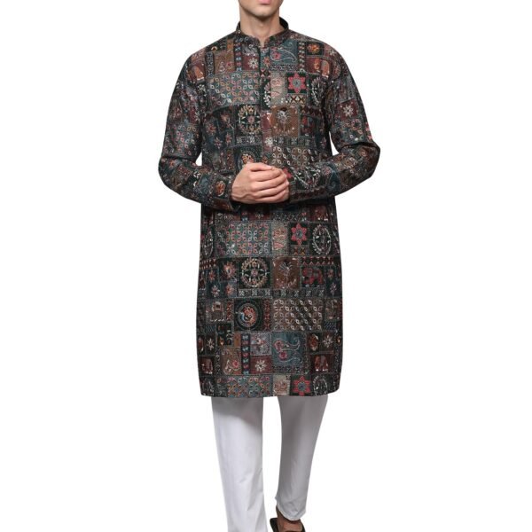 Multicolor Thread Embroidered Floral Motifs and Sequins work Georgette Kurta with Cotton Pajama | Ethnic Party Wear Kurta Pajama Combo Set for Men