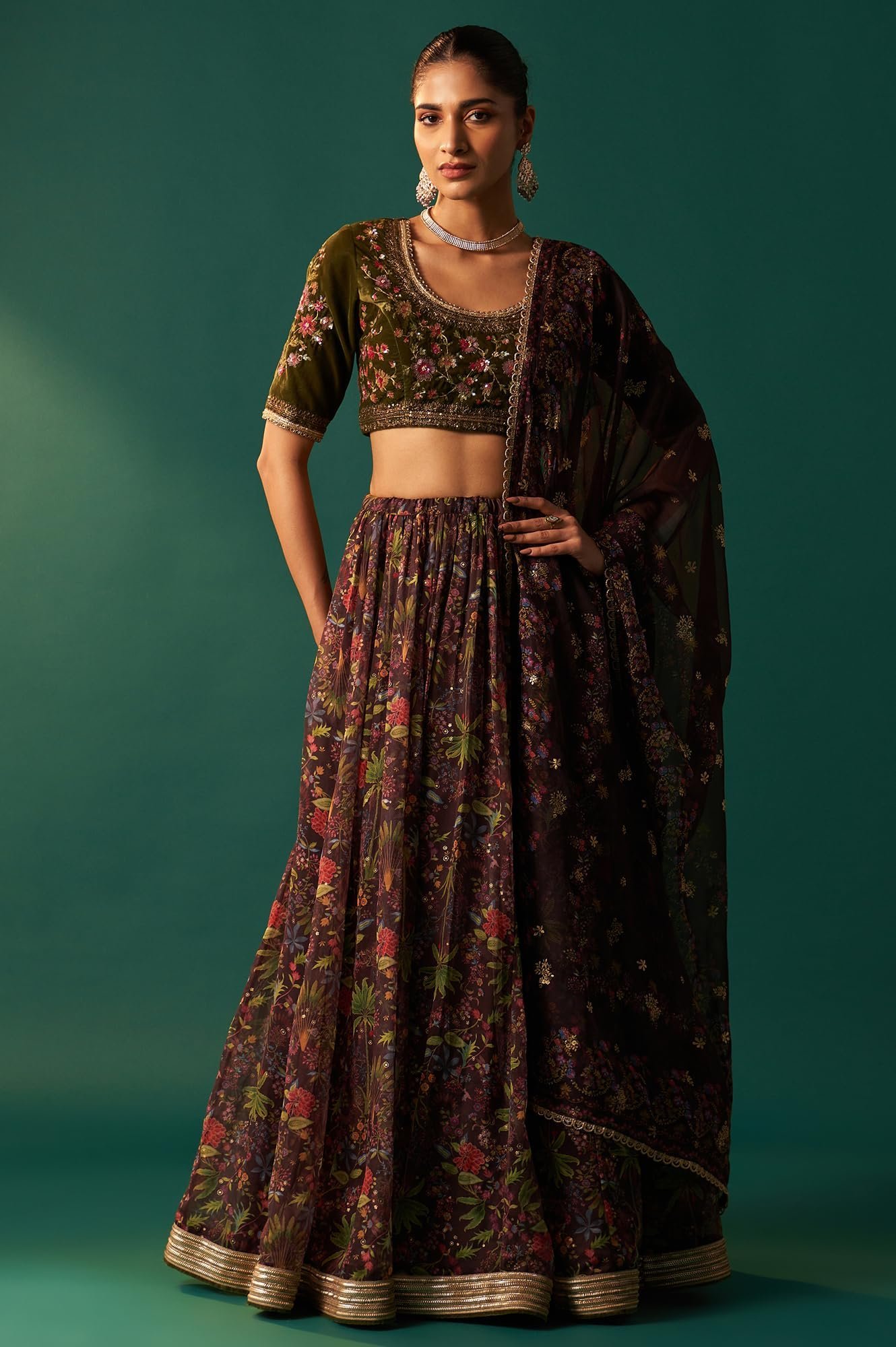 Women’s Green Embroidered Velvet Blouse with Floral Printed Skirt and Dupatta Set (SP12875-223812)