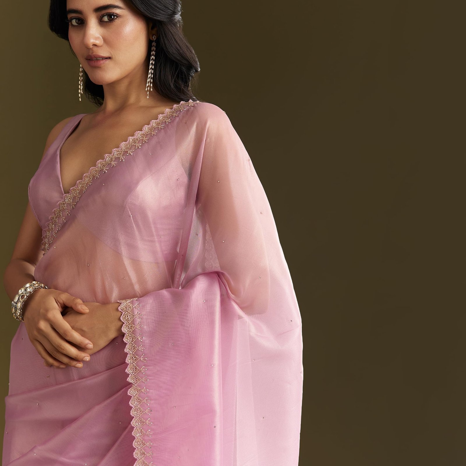 Fashion Pink Tissue Saree With All Over Stone Embellishment And Cutdana Scallop Border Tissue sarees for women Traditional Ethnic Wear Fashion Wear Wedding Collection - Image 4