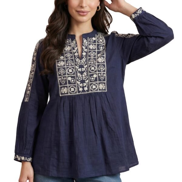 Navy Blue Thread Embroidered Pure Cotton A-line Top - (W31508-224947)