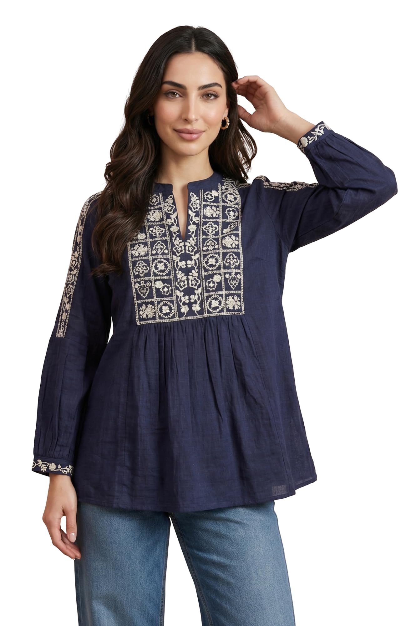 Navy Blue Thread Embroidered Pure Cotton A-line Top - (W31508-224947)