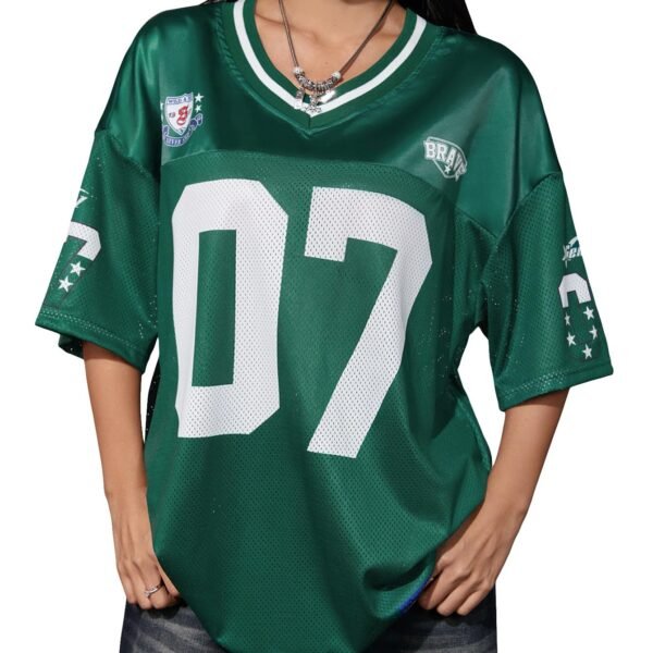 Women's Jersey Shirts Letter Graphic Oversized Mesh Tees V Neck Half Sleeve Loose T Shirt Tops, Green Letter