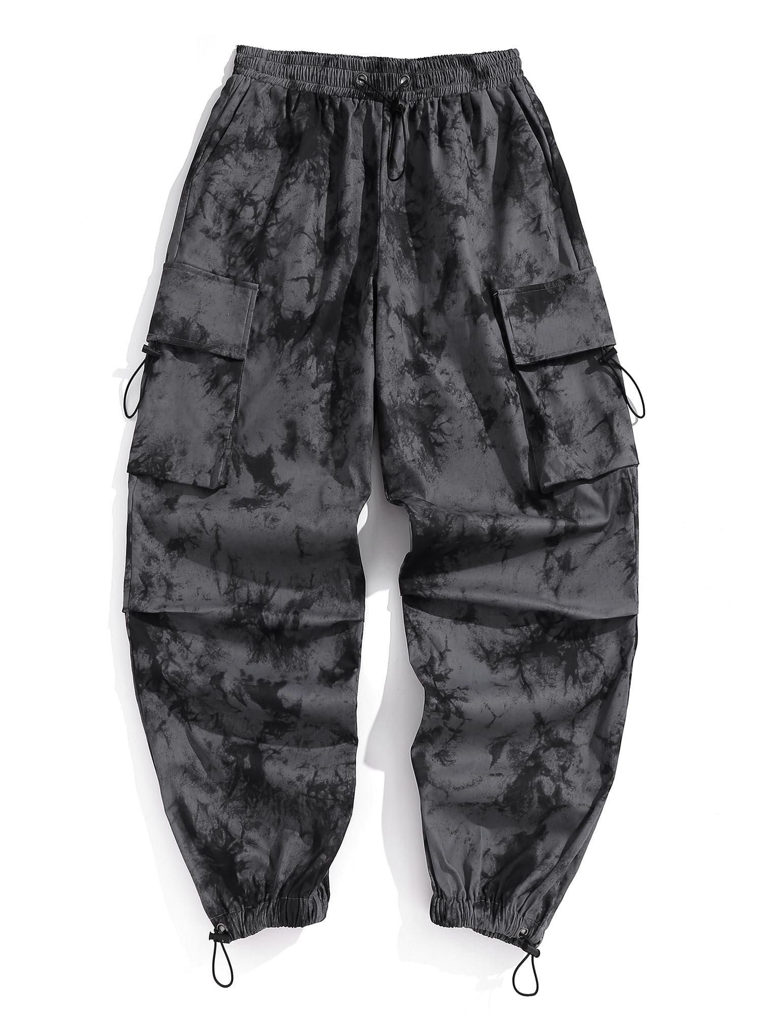 Flat Pocket Parachute Pants for Men Casual Baggy Cargo Unisex Street Y2K Drawstring Trouser, 2-Tie Dye-Black, Large