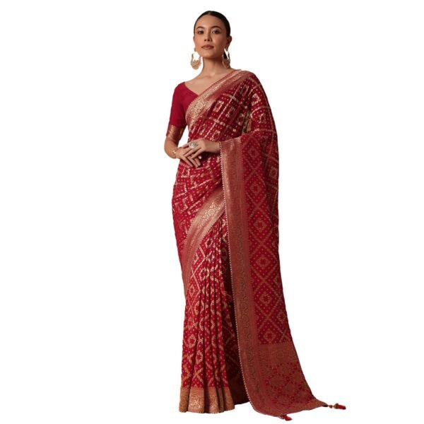 Fashion Red Banarasi Georgette Saree With Bandhani Weave And Unstitched Blouse Piece Georgette sarees for women Traditional Ethnic Wear Fashion Wear Wedding Collection