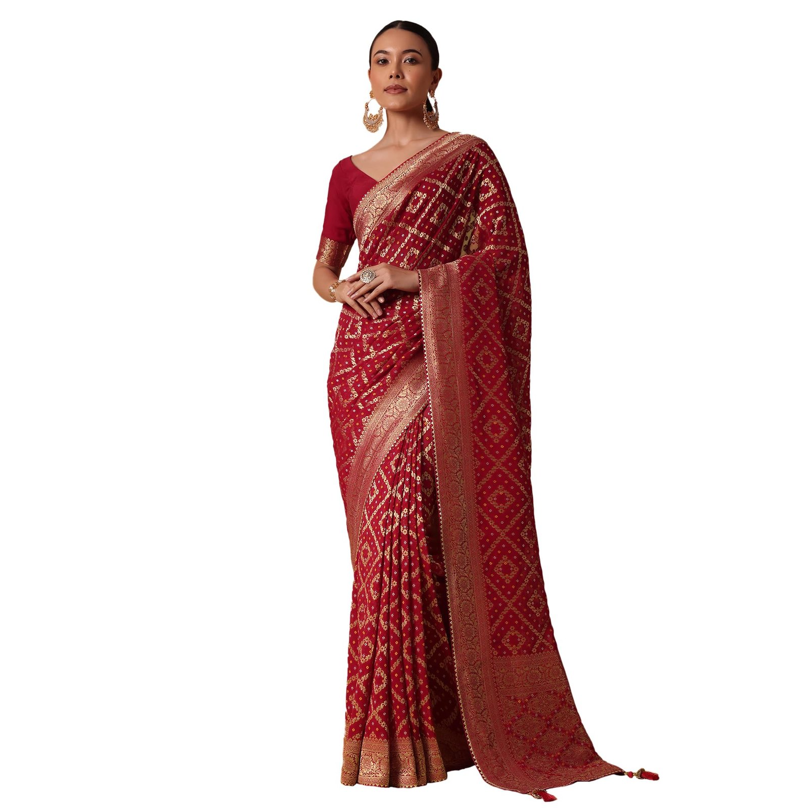 Fashion Red Banarasi Georgette Saree With Bandhani Weave And Unstitched Blouse Piece Georgette sarees for women Traditional Ethnic Wear Fashion Wear Wedding Collection