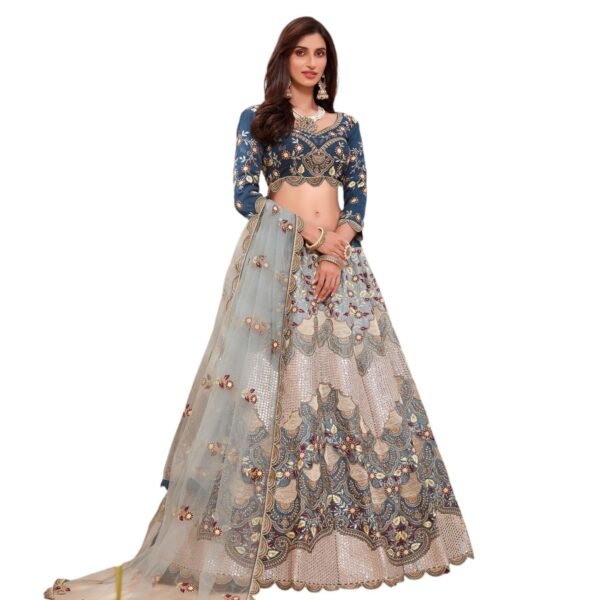 Designer Lehenga Choli with Net Dupatta, Blue and Grey Embroidered, Traditional dress for women and girls