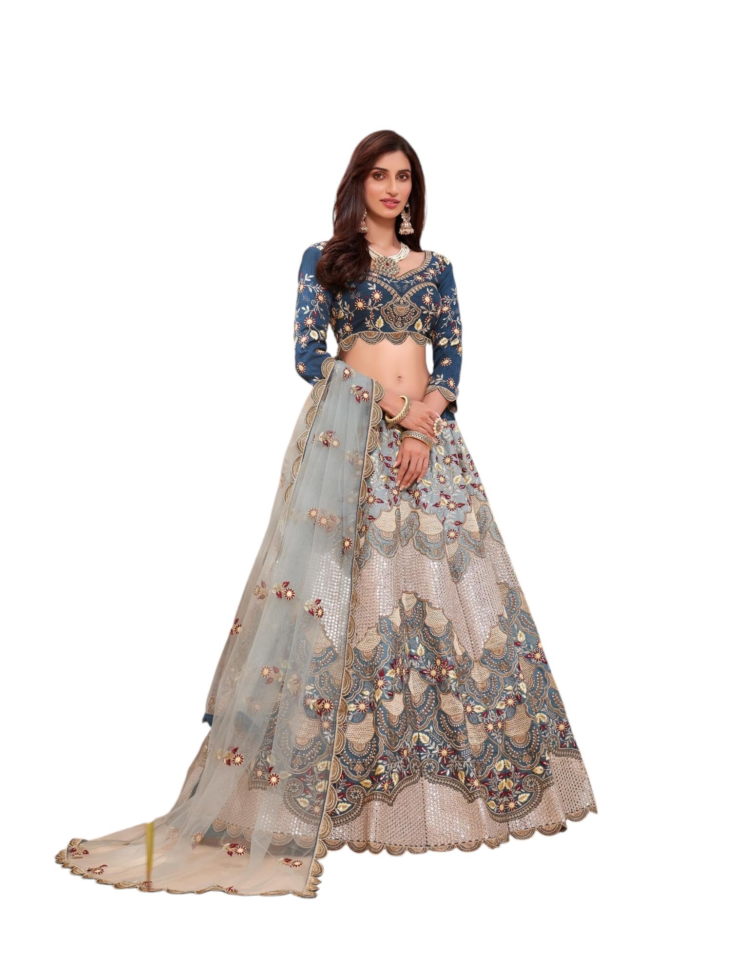 Designer Lehenga Choli with Net Dupatta, Blue and Grey Embroidered, Traditional dress for women and girls