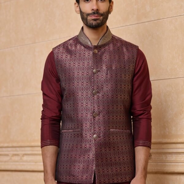Wine Brocade Kurta Bundi Set | ETHNIC WEAR | Wine | L