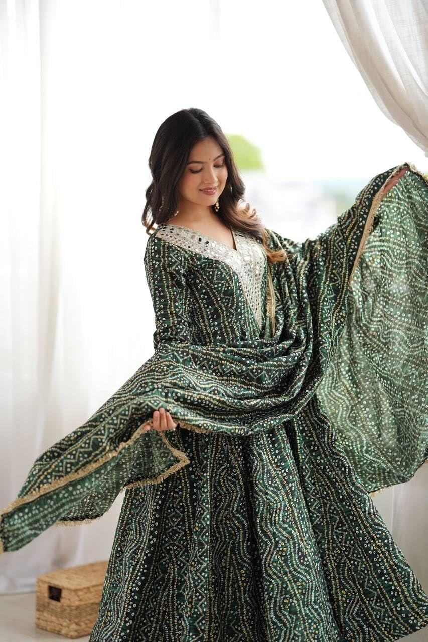 Women's Mirror Embroidered Anarkali Gown Set with Dupatta Kurta Pant Set This Wedding Season Our NEW Mirror EMBROIDERYED Gown Pair Green - Image 6