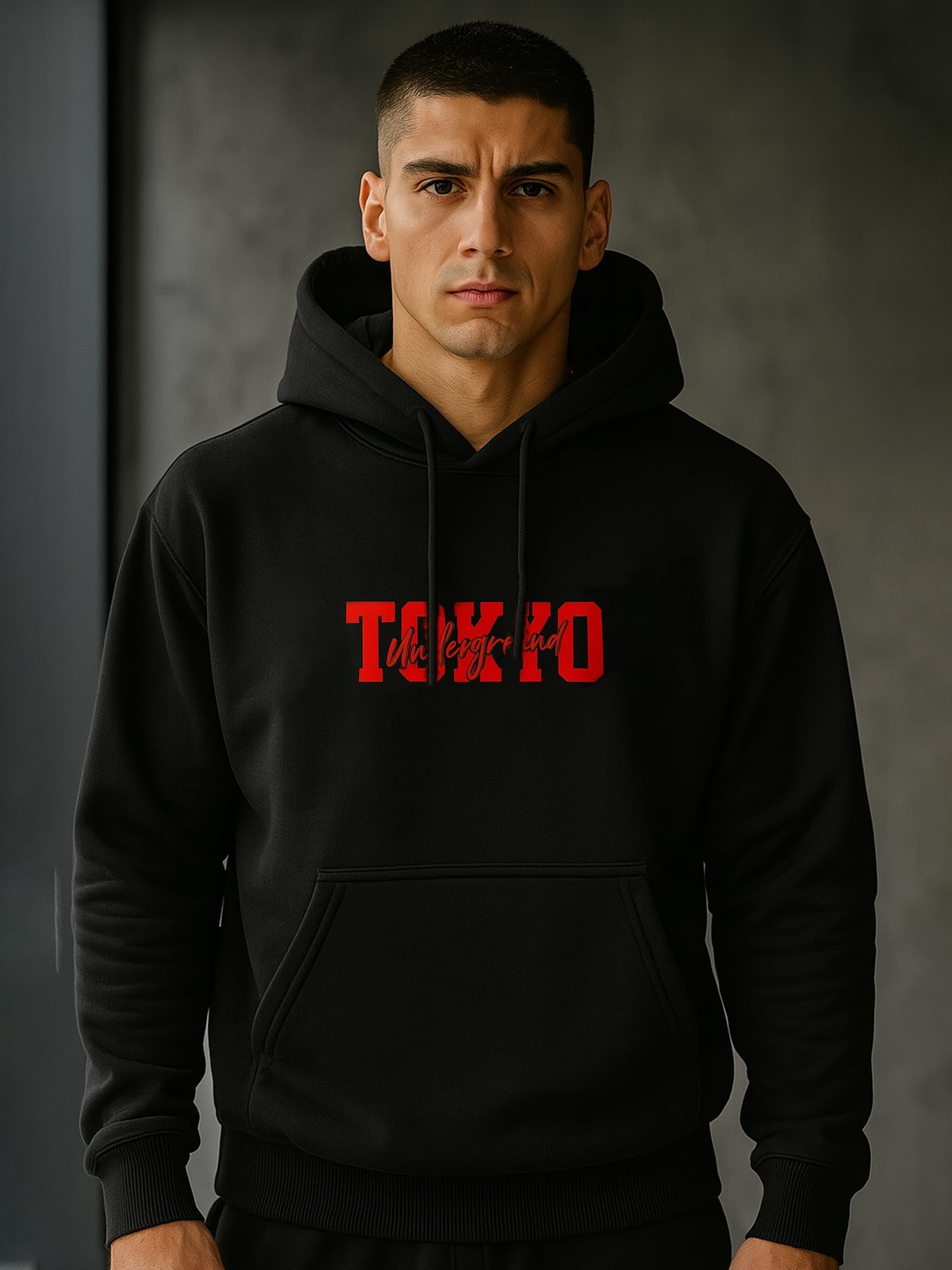 Mens Printed Hooded Neck Full Sleeve Black & Red Cotton Blend Tshirt - Image 3