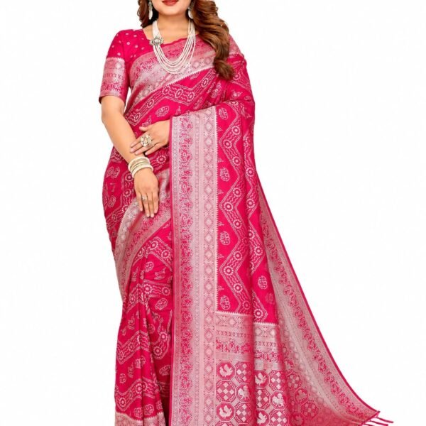 Women's Rani Pink Magenta Banarasi Art Silk Saree Traditional Bandhani Print Sari with Silver Zari Border and Unstitched Blouse Piece with Unstitched Blouse (10)