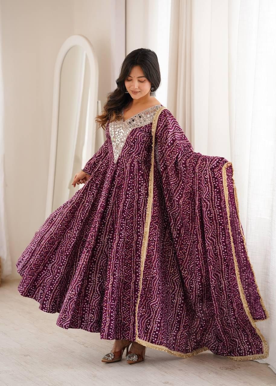 Women's Mirror Embroidered Anarkali Gown Set with Dupatta Kurta Pant Set This Wedding Season Our NEW Mirror EMBROIDERYED Gown Pair Purple - Image 5