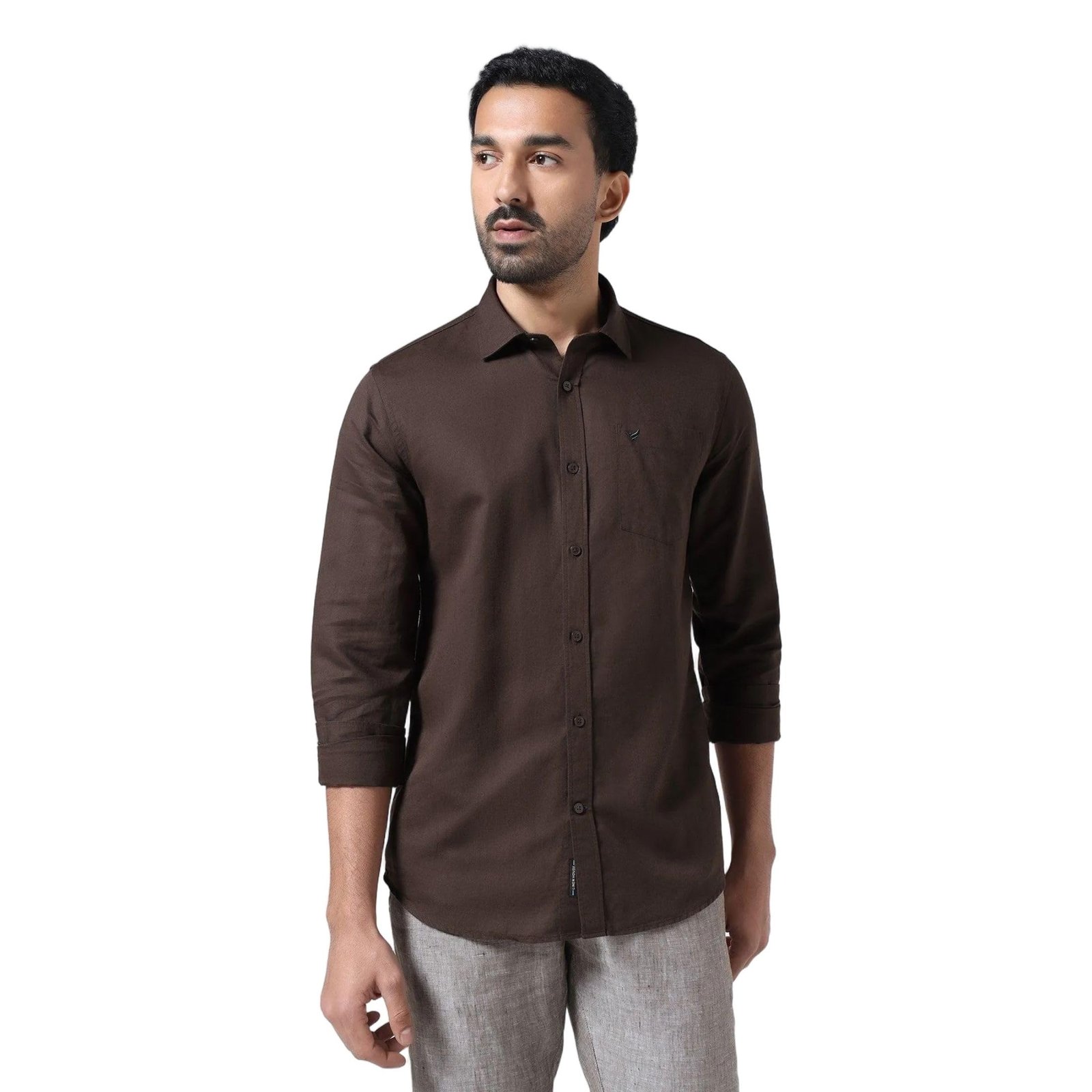 Men's Linen Blend Solid Dark-Brown Slim-Fit Casual Shirts