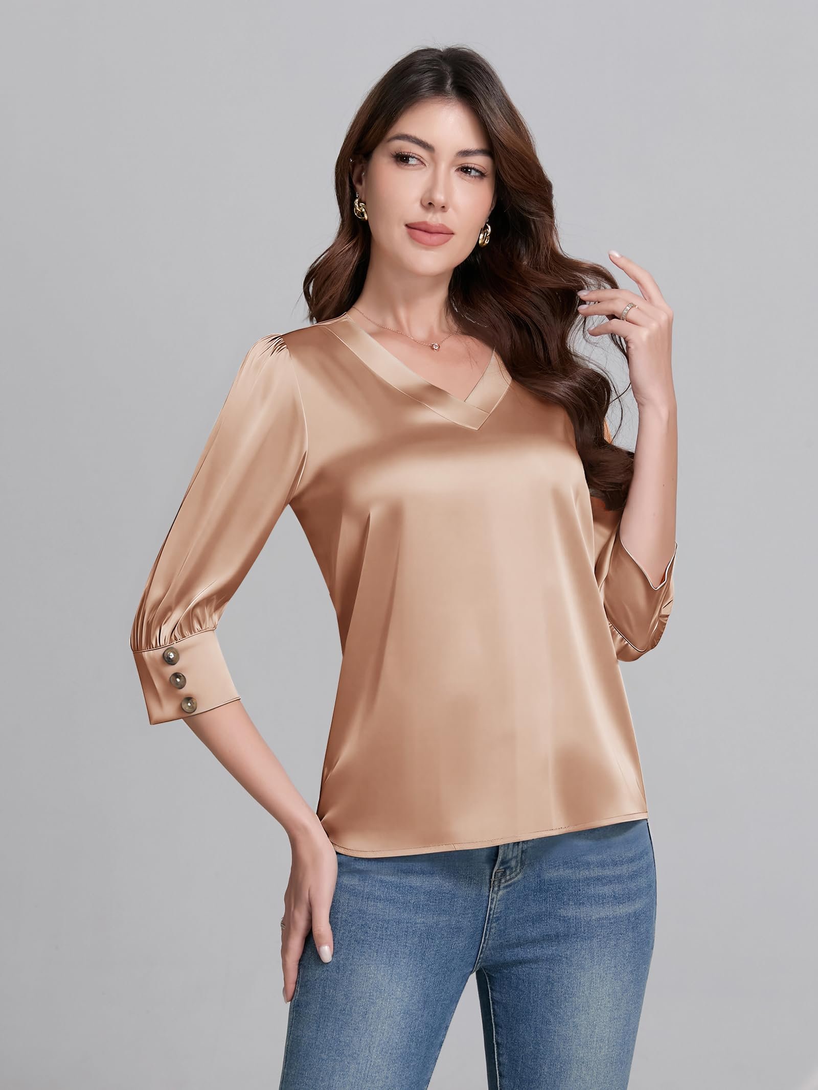 3/4 Length Sleeve Womens Tops Dressy Casual Silk Satin Blouses, Light Coffee, Medium - Image 3