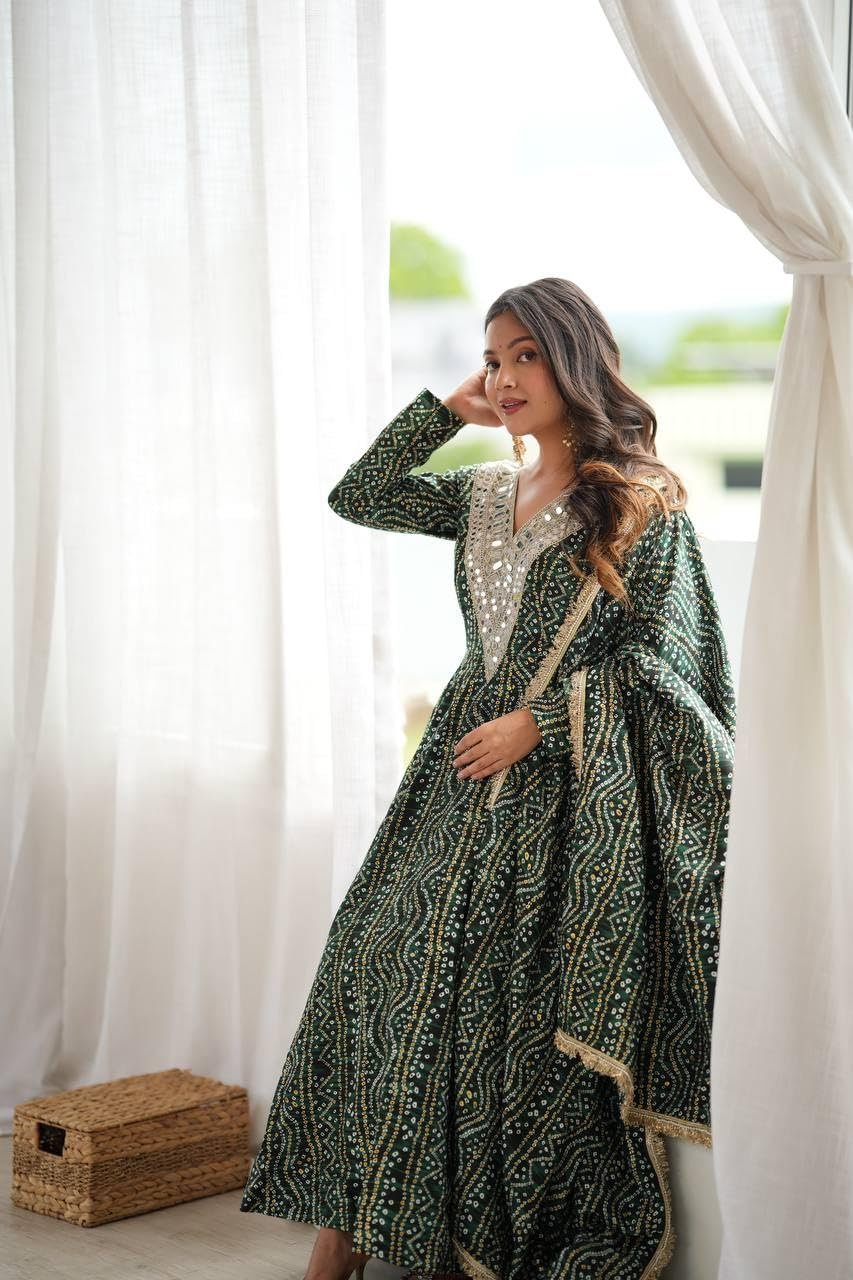 Women's Mirror Embroidered Anarkali Gown Set with Dupatta Kurta Pant Set This Wedding Season Our NEW Mirror EMBROIDERYED Gown Pair Green - Image 8