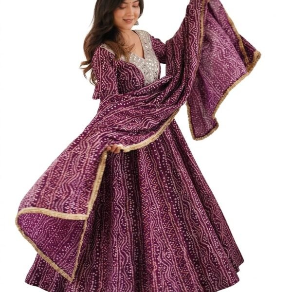 Women's Mirror Embroidered Anarkali Gown Set with Dupatta Kurta Pant Set This Wedding Season Our NEW Mirror EMBROIDERYED Gown Pair Purple