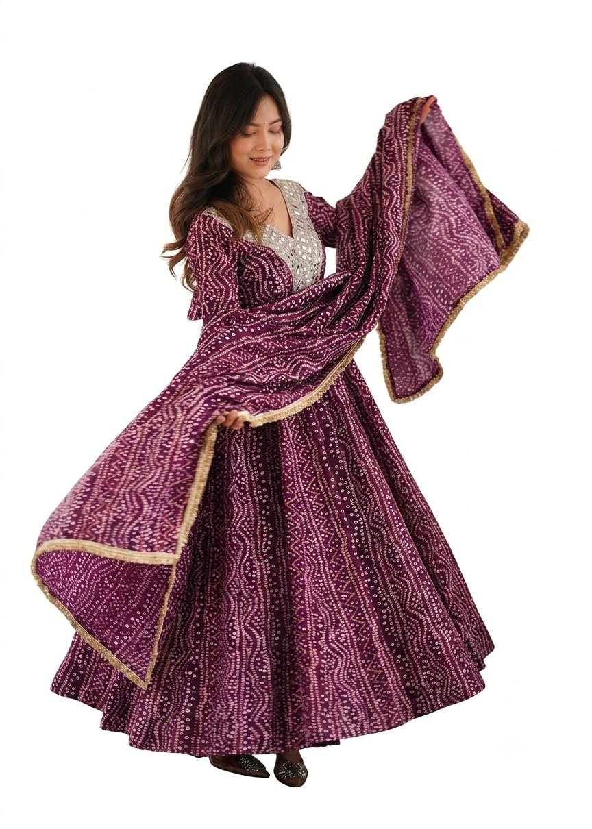 Women's Mirror Embroidered Anarkali Gown Set with Dupatta Kurta Pant Set This Wedding Season Our NEW Mirror EMBROIDERYED Gown Pair Purple