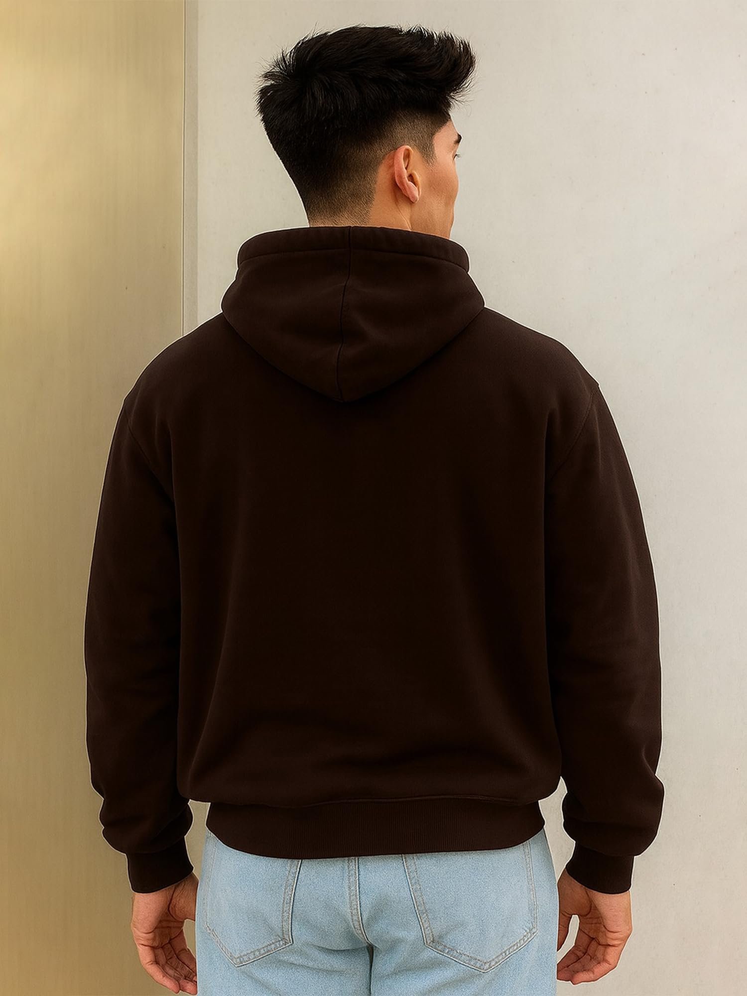Mens Solid Hooded Neck Full Sleeve Coffee Brown LoopKnit Sweatshirt - Image 4