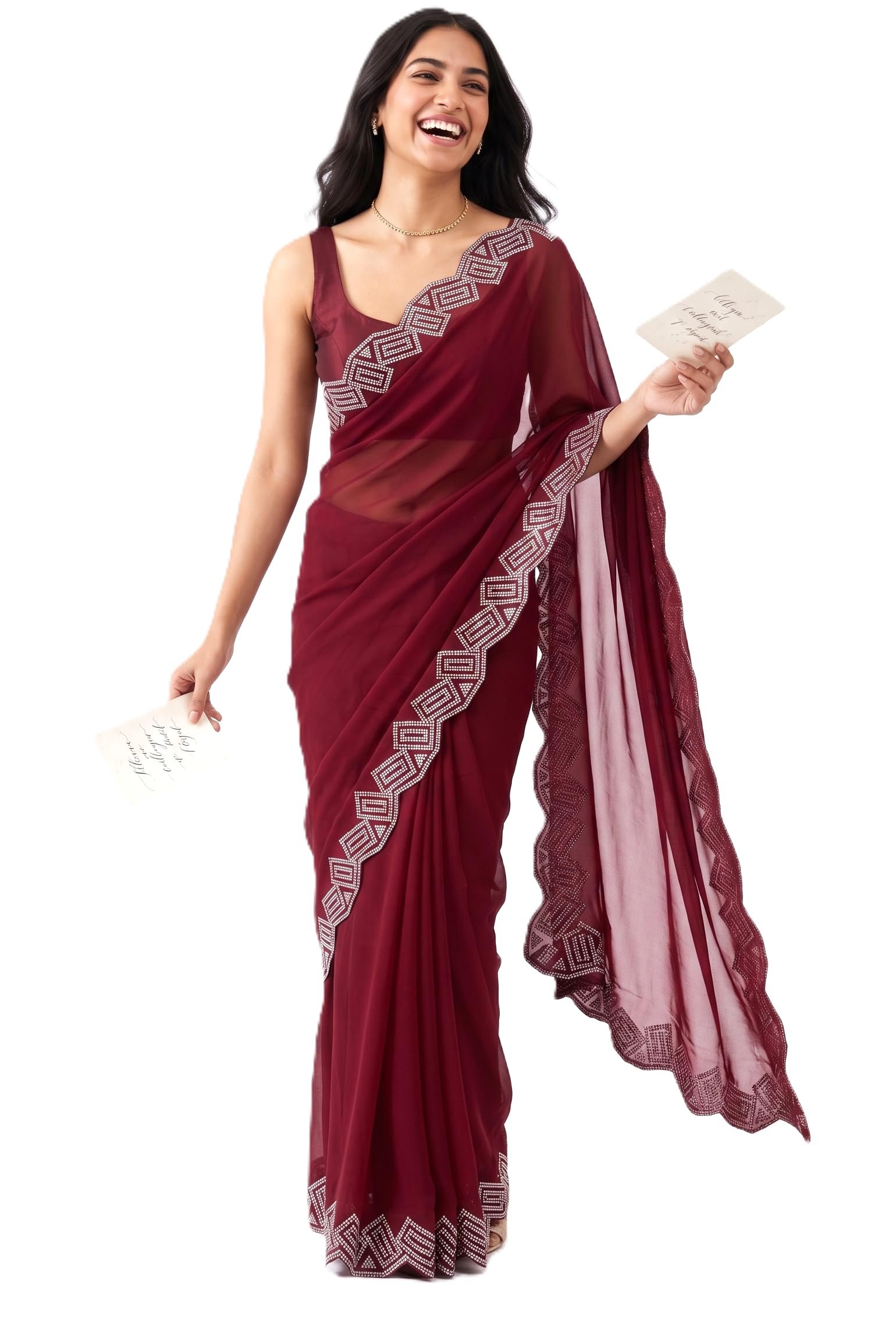 Dancing Threads georgette saree with heavy hotfix stone work on a fancy cutwork border designer sari for women festive saree for wedding (maroon)