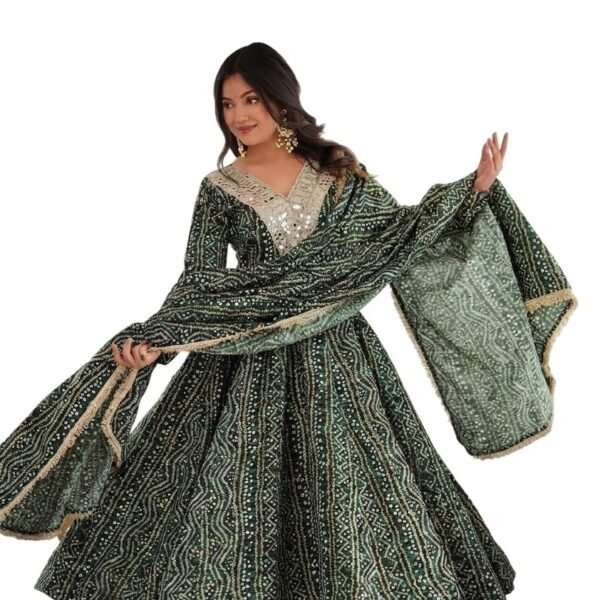 Women's Mirror Embroidered Anarkali Gown Set with Dupatta Kurta Pant Set This Wedding Season Our NEW Mirror EMBROIDERYED Gown Pair Green