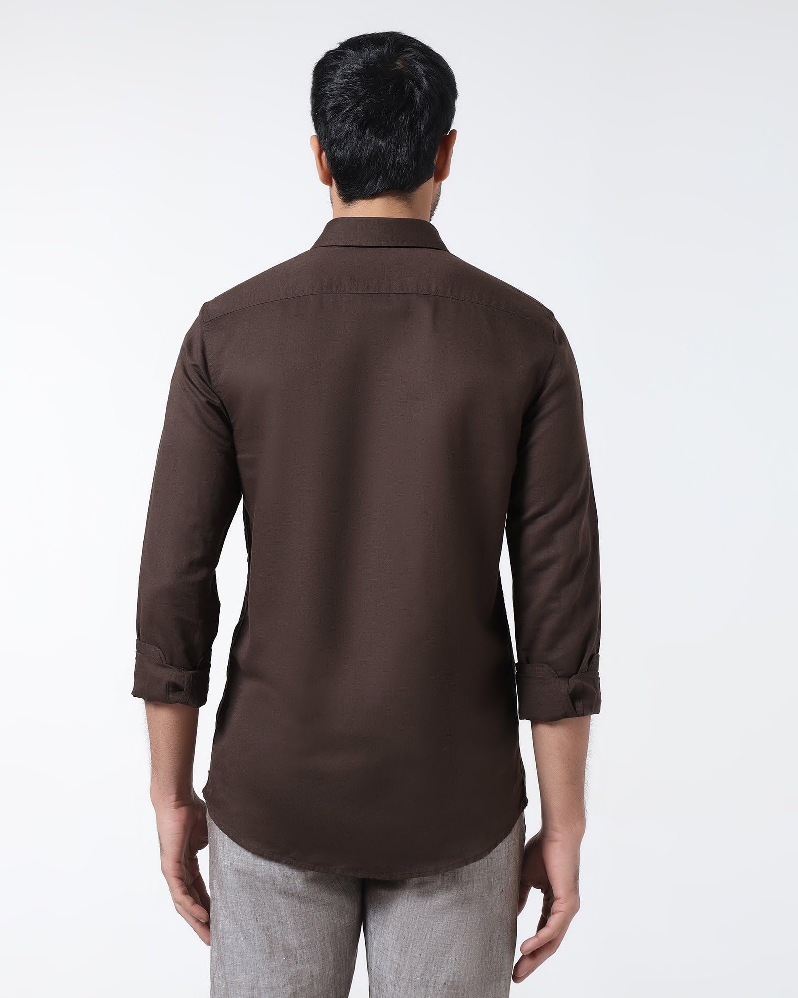 Men’s Linen Blend Solid Dark-Brown Slim-Fit Casual Shirts