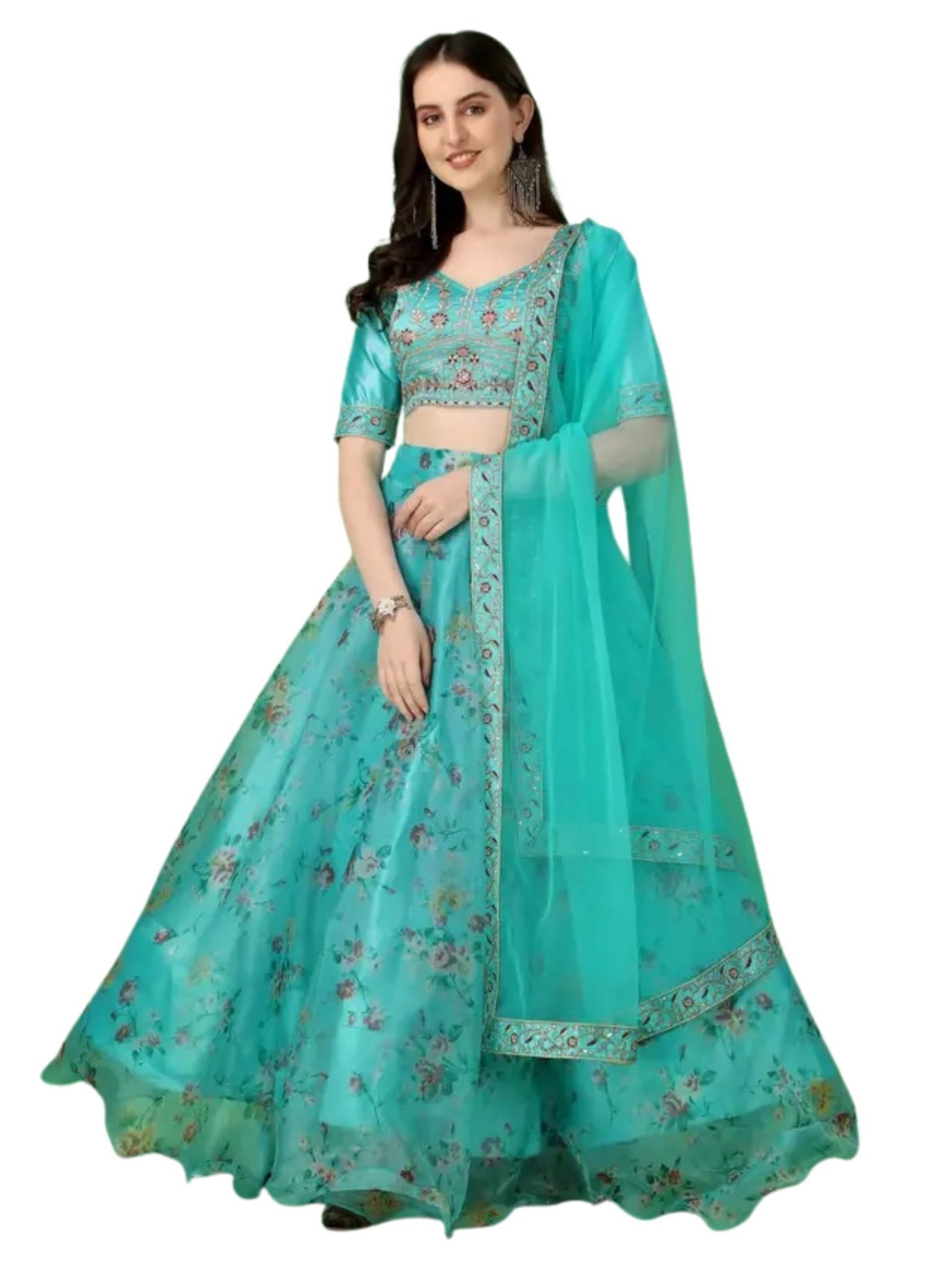 Semi Stitched Net Satin Blend Lehenga Choli For Women (Sky Blue)