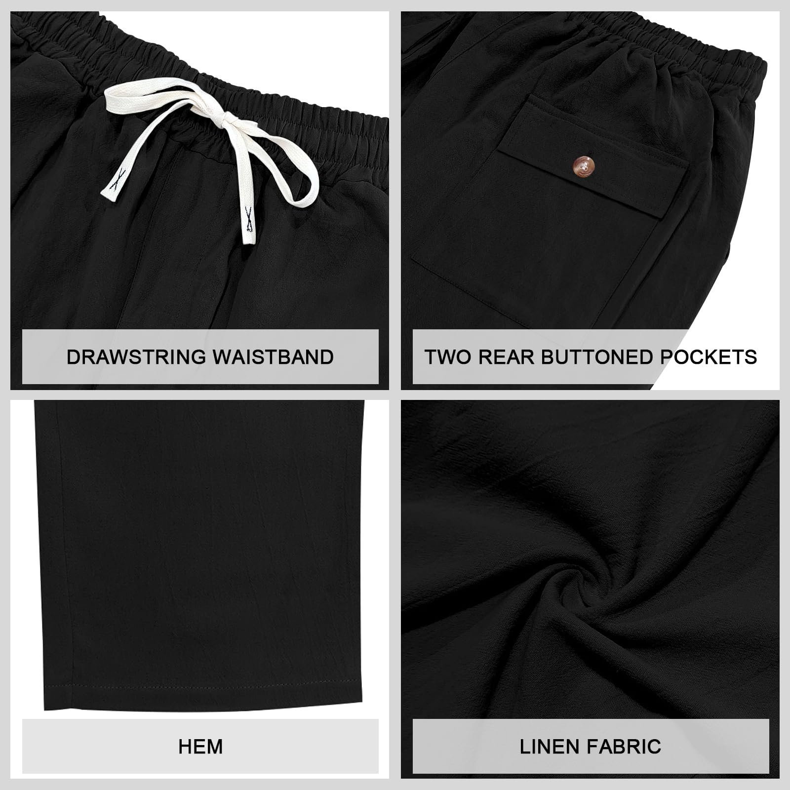 Mens Linen Pants Casual Summer Beach Pants Elastic Waist Drawstring Lightweight Vacation Trousers with Pockets, Black, X-Large - Image 5