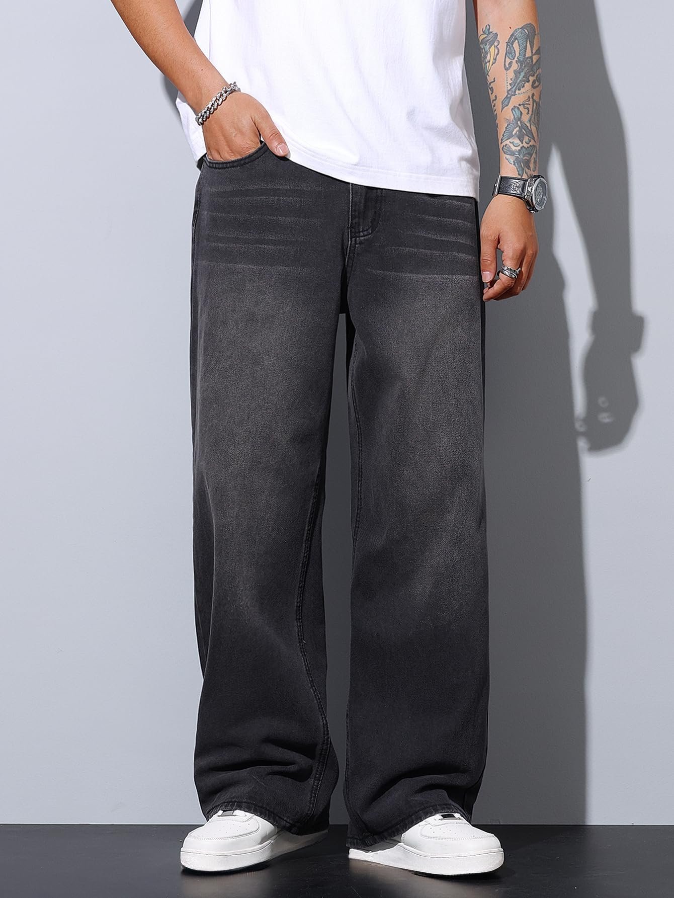 Baggy Jeans Men Wide Leg Denim Pants Y2K Classic Trousers, Dark Gray, Large
