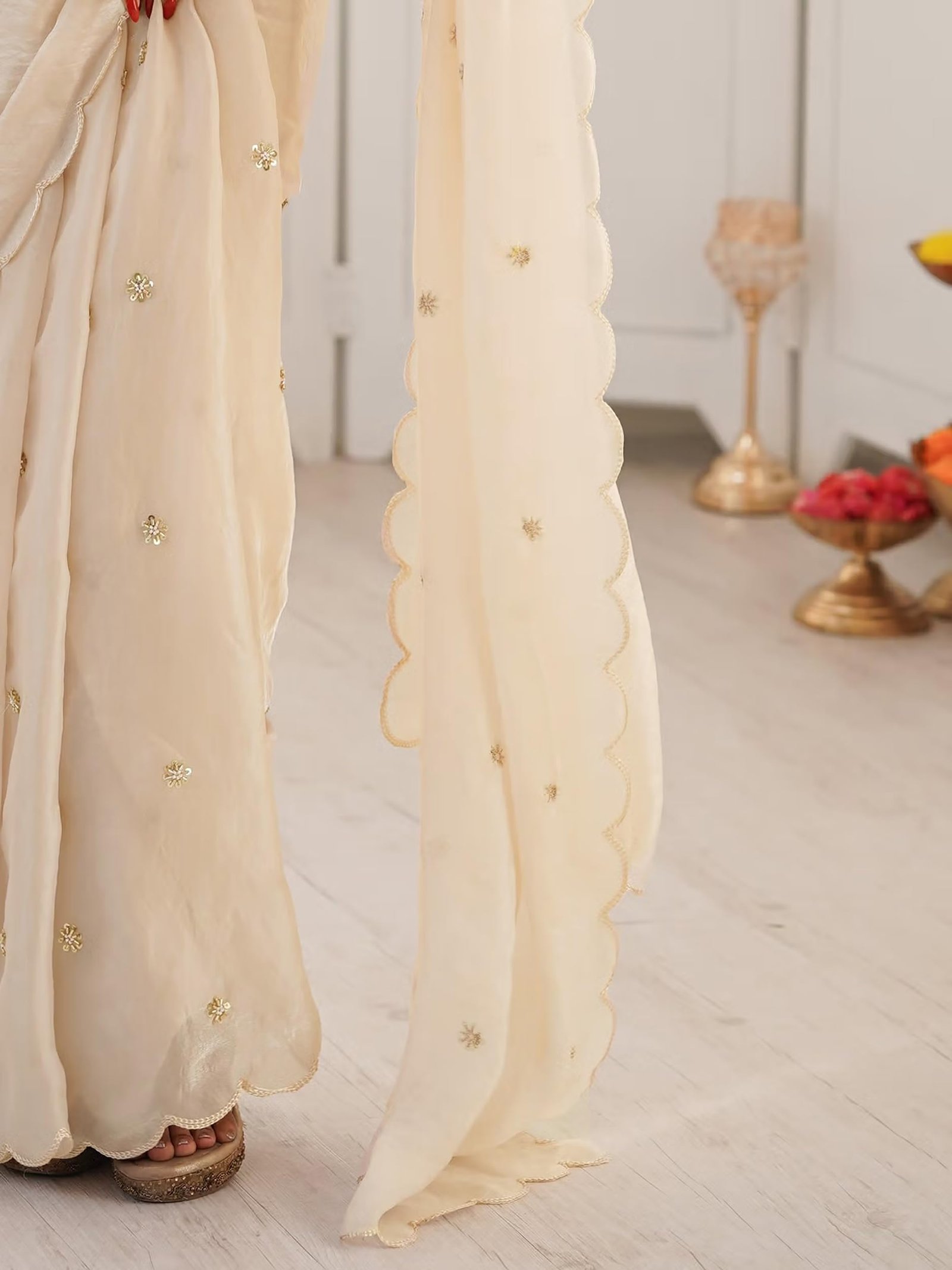 Women’s Soft Fandy Satin Embroidered Saree with Sequin Work and Matching Dupion Blouse Piece (Chiku)