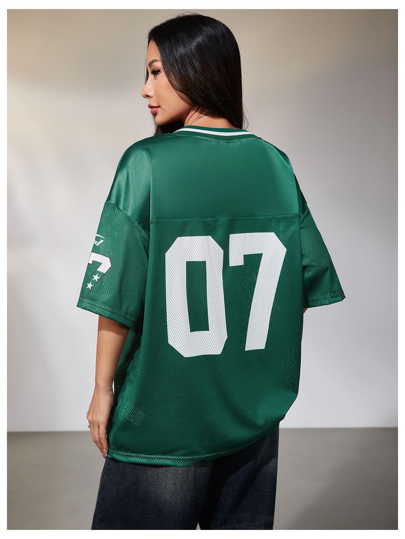 Women’s Jersey Shirts Letter Graphic Oversized Mesh Tees V Neck Half Sleeve Loose T Shirt Tops, Green Letter
