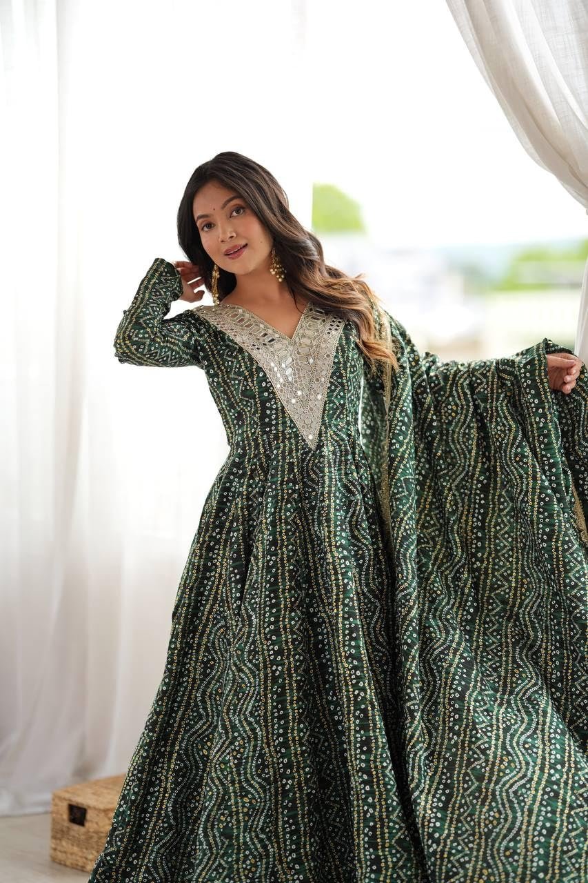Women's Mirror Embroidered Anarkali Gown Set with Dupatta Kurta Pant Set This Wedding Season Our NEW Mirror EMBROIDERYED Gown Pair Green - Image 7