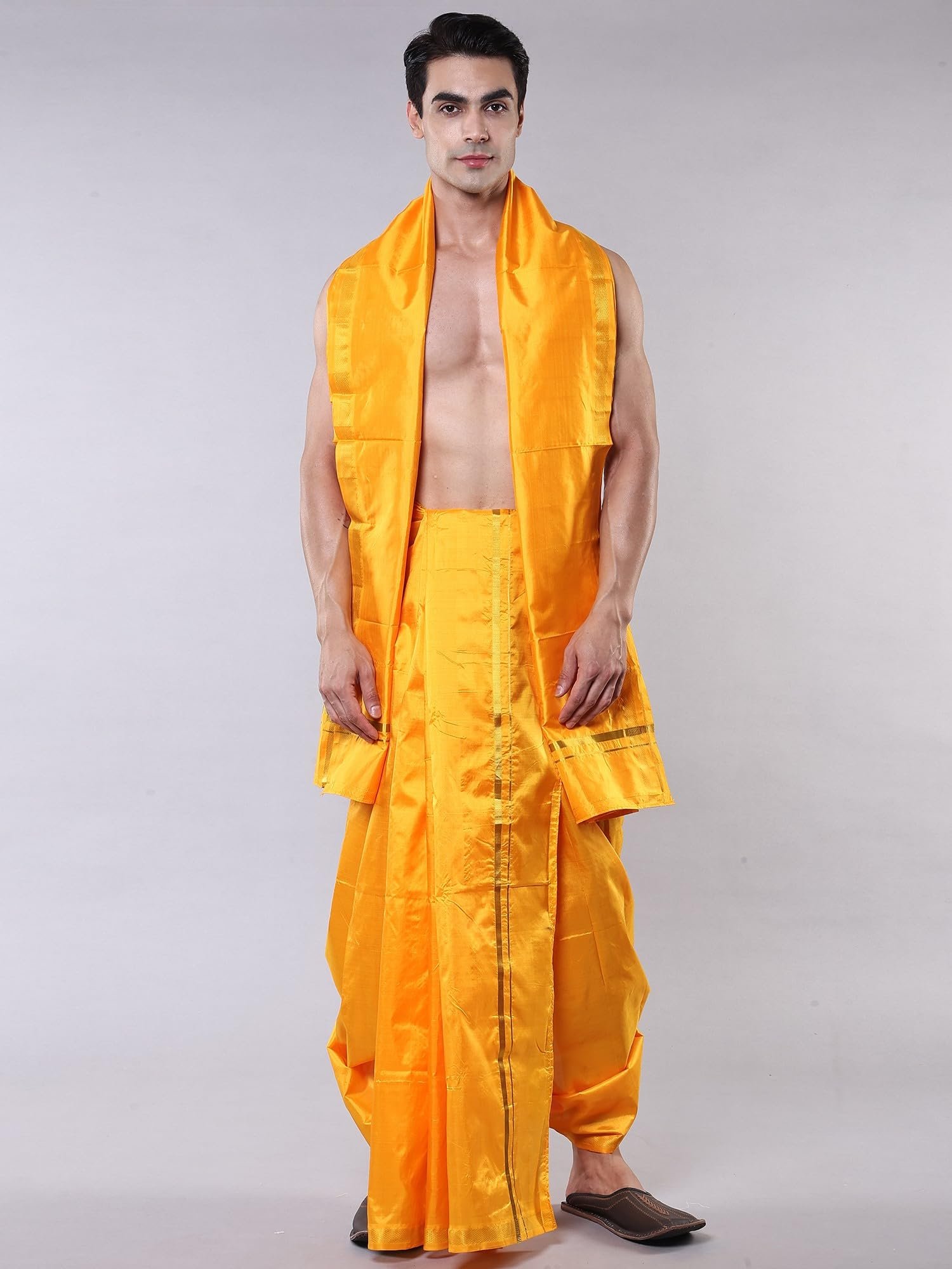 Pure Silk Dhoti Angavastram Set with Golden Thread Woven Border | Men’s Dhoti Angvastram Festive Wedding Wear