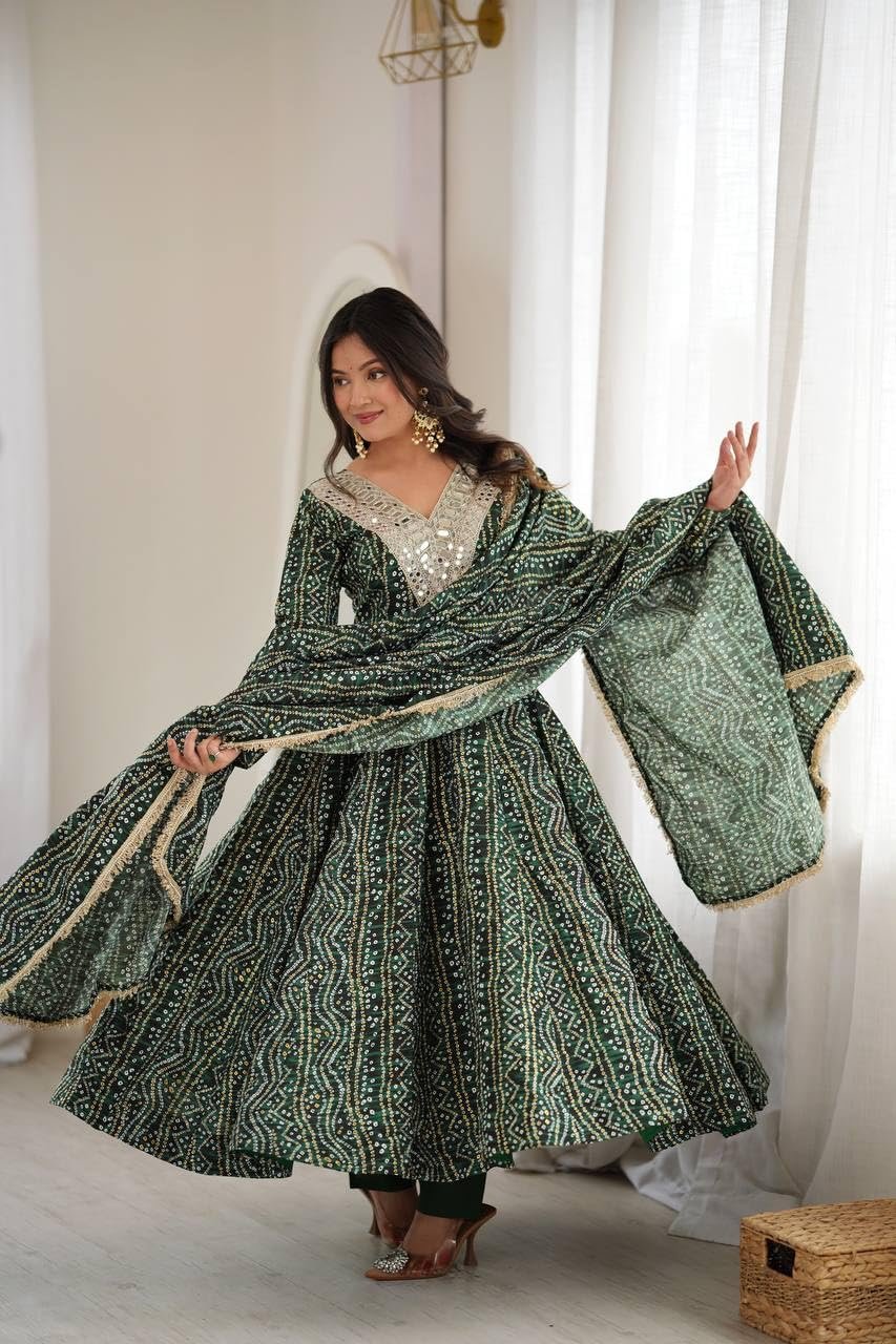 Women's Mirror Embroidered Anarkali Gown Set with Dupatta Kurta Pant Set This Wedding Season Our NEW Mirror EMBROIDERYED Gown Pair Green - Image 9
