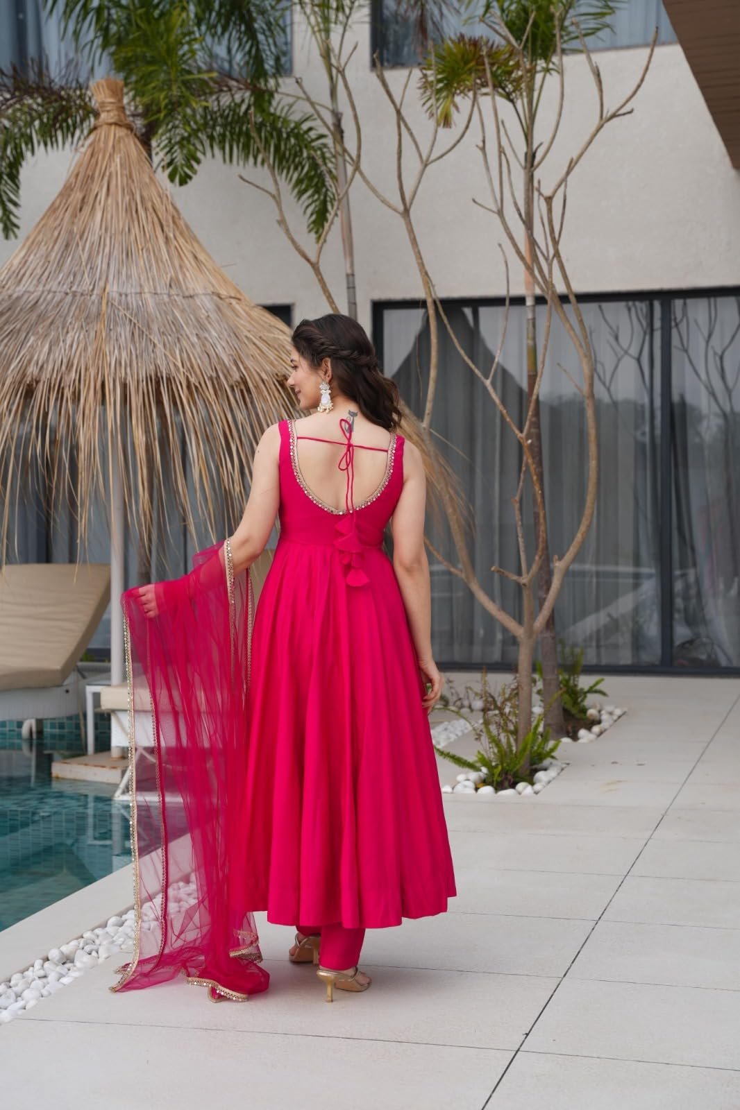 Women’s Beautiful Roman Silk Chanderi with Embroidery Work Gown Pant & Dupatta Set Anarkali Gown, Sleeveless Ethnic Gown and Dupatta Set Gown for Wedding (in, Alpha, Regular, Womens, Rani Pink)
