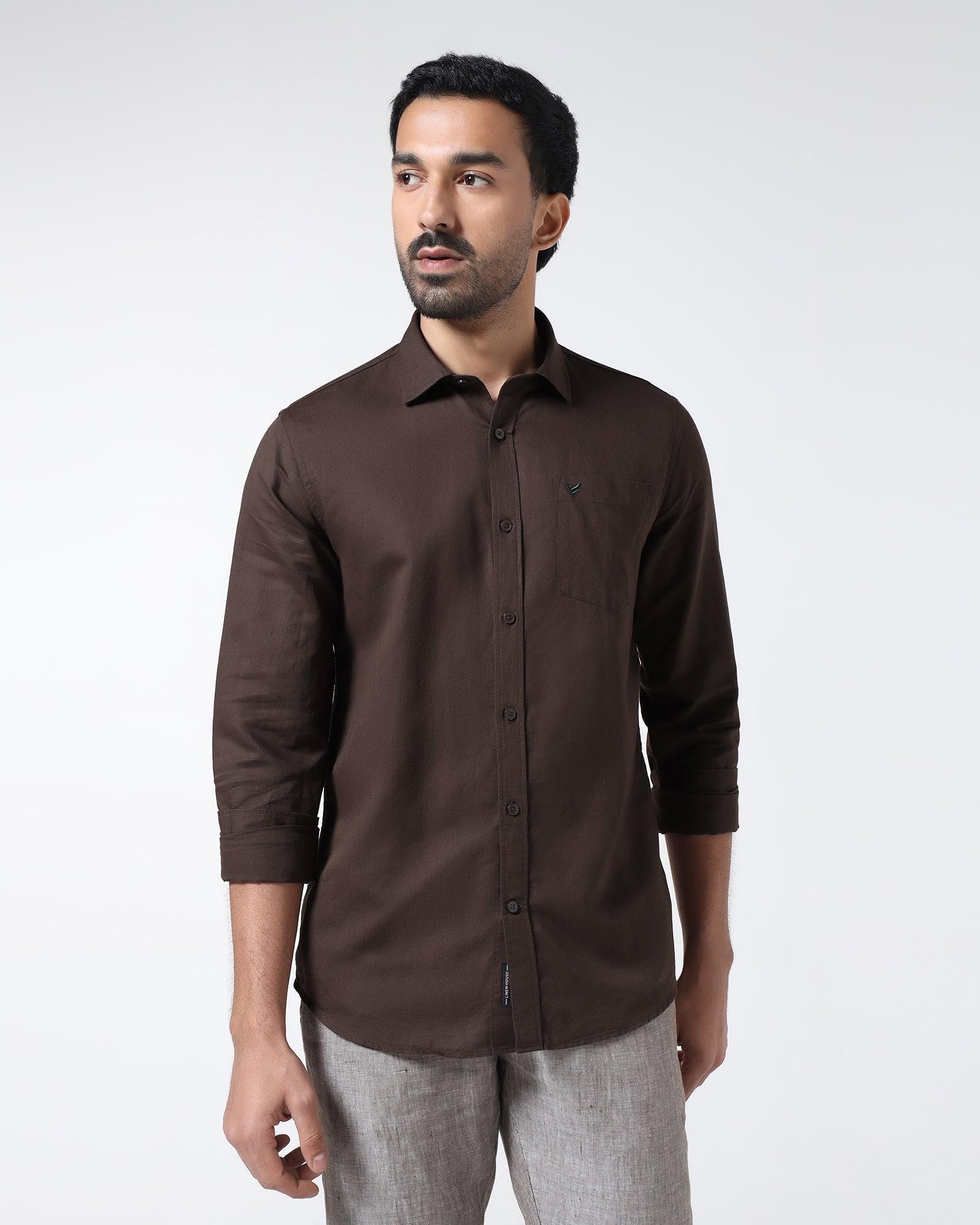 Men's Linen Blend Solid Dark-Brown Slim-Fit Casual Shirts - Image 7