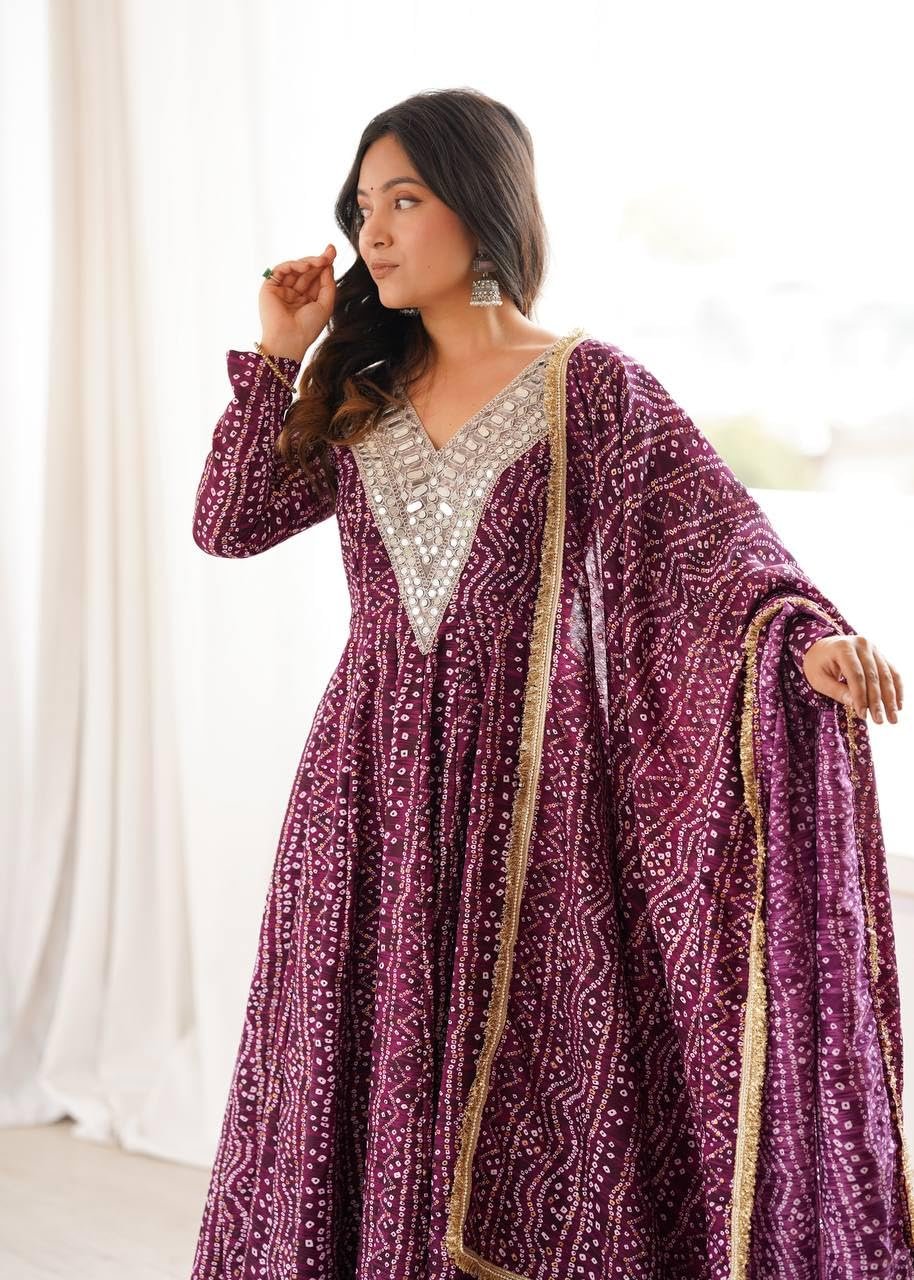 Women's Mirror Embroidered Anarkali Gown Set with Dupatta Kurta Pant Set This Wedding Season Our NEW Mirror EMBROIDERYED Gown Pair Purple - Image 7