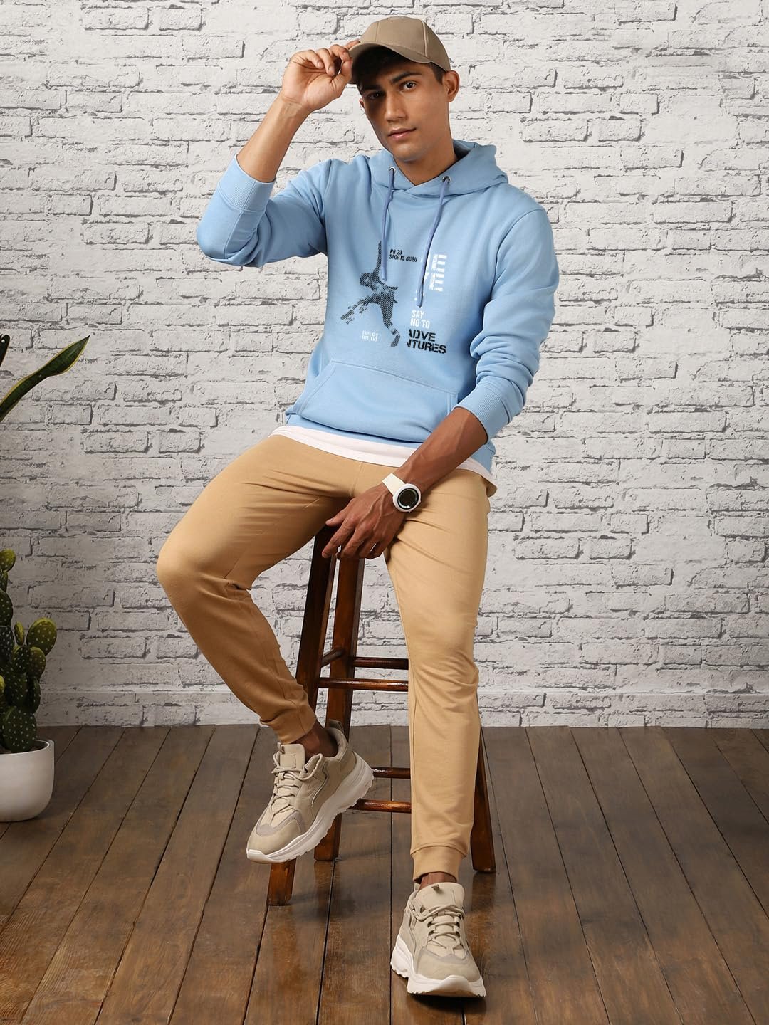 Men’s Cotton Blend Neck Regular Fit Hooded Sweatshirt (1M-TWHO-C0530_Powder Blue (Small)