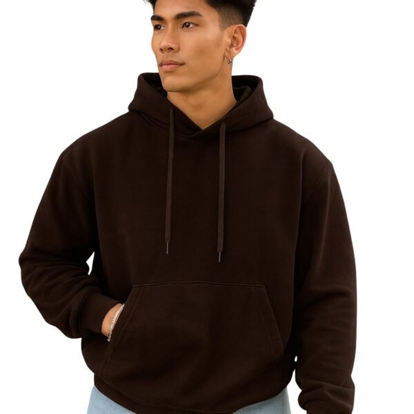 Mens Solid Hooded Neck Full Sleeve Coffee Brown LoopKnit Sweatshirt