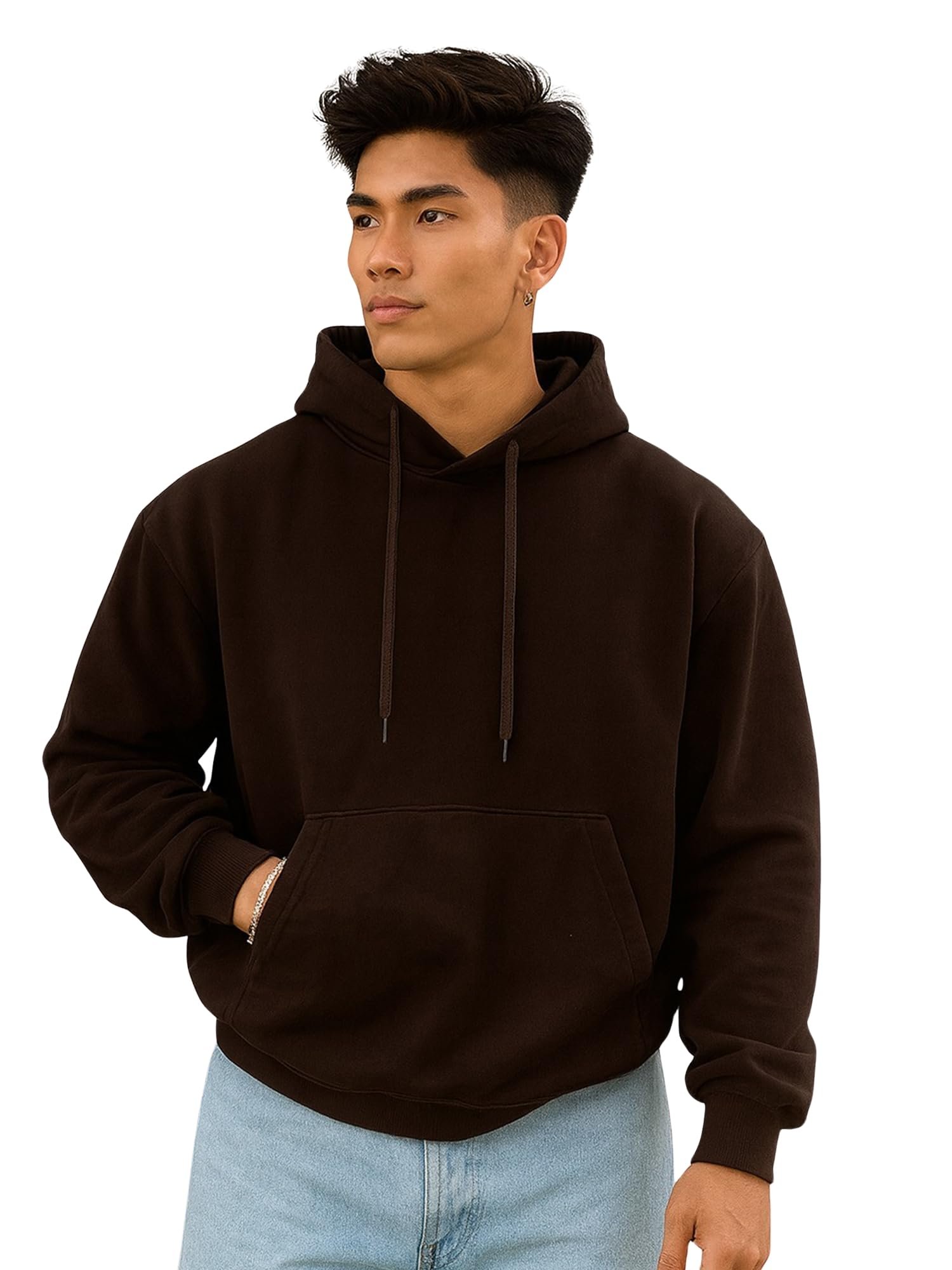 Mens Solid Hooded Neck Full Sleeve Coffee Brown LoopKnit Sweatshirt