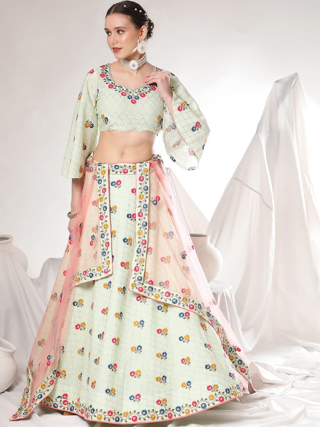 Women’s Chinnon Silver Zari And Thread Embroidery Work Flared Lehenga Choli With Dupatta – Pista
