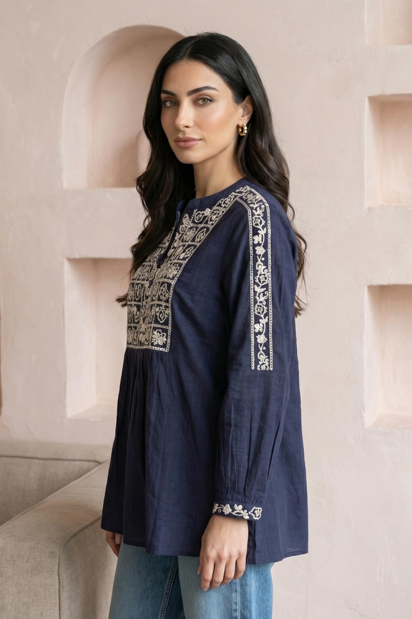 Navy Blue Thread Embroidered Pure Cotton A-line Top - (W31508-224947) - Image 4