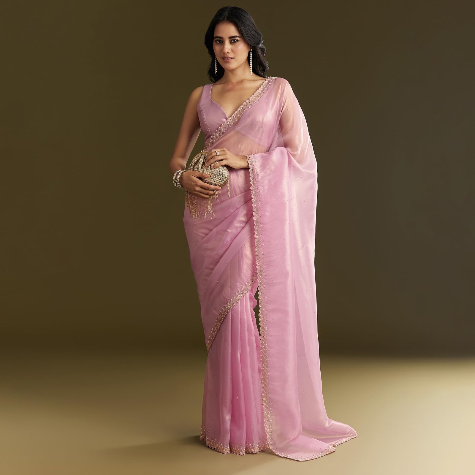 Fashion Pink Tissue Saree With All Over Stone Embellishment And Cutdana Scallop Border Tissue sarees for women Traditional Ethnic Wear Fashion Wear Wedding Collection - Image 3