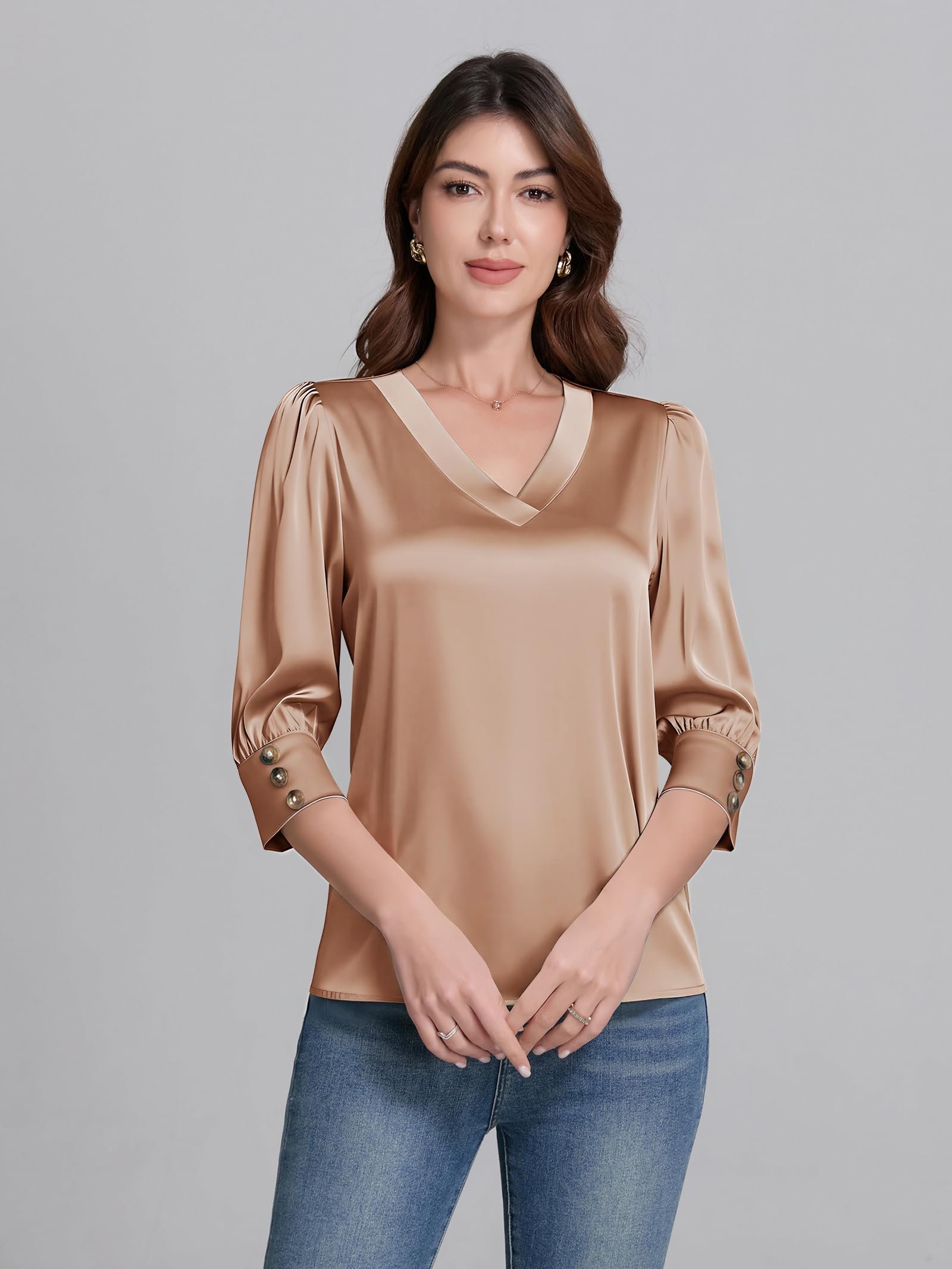 3/4 Length Sleeve Womens Tops Dressy Casual Silk Satin Blouses, Light Coffee, Medium - Image 4